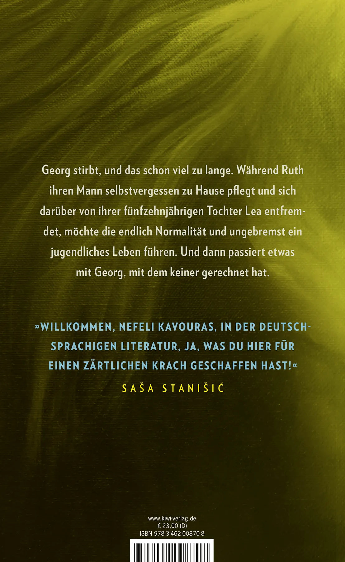 Buchrückseite von 'Gelb, auch ein schöner Gedanke' mit Klappentext - Gebundene Ausgabe