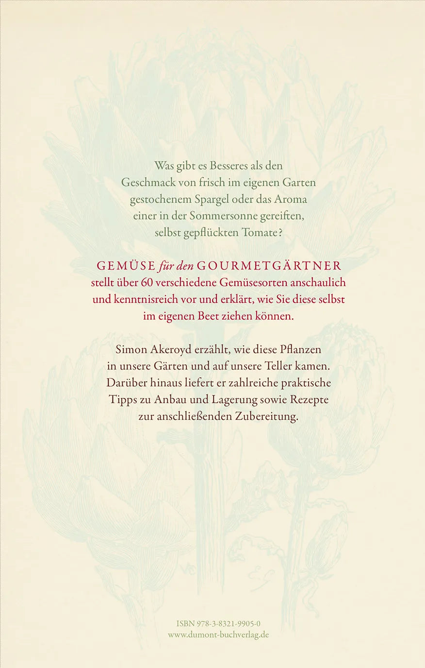 Buchrückseite von 'Gemüse für den Gourmetgärtner' mit Klappentext - Gebundene Ausgabe