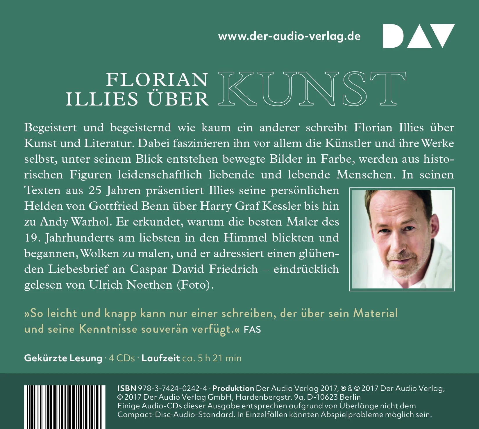 Buchrückseite von 'Gerade war der Himmel noch blau. Texte zur Kunst' mit Klappentext - Hörbuch (CD)