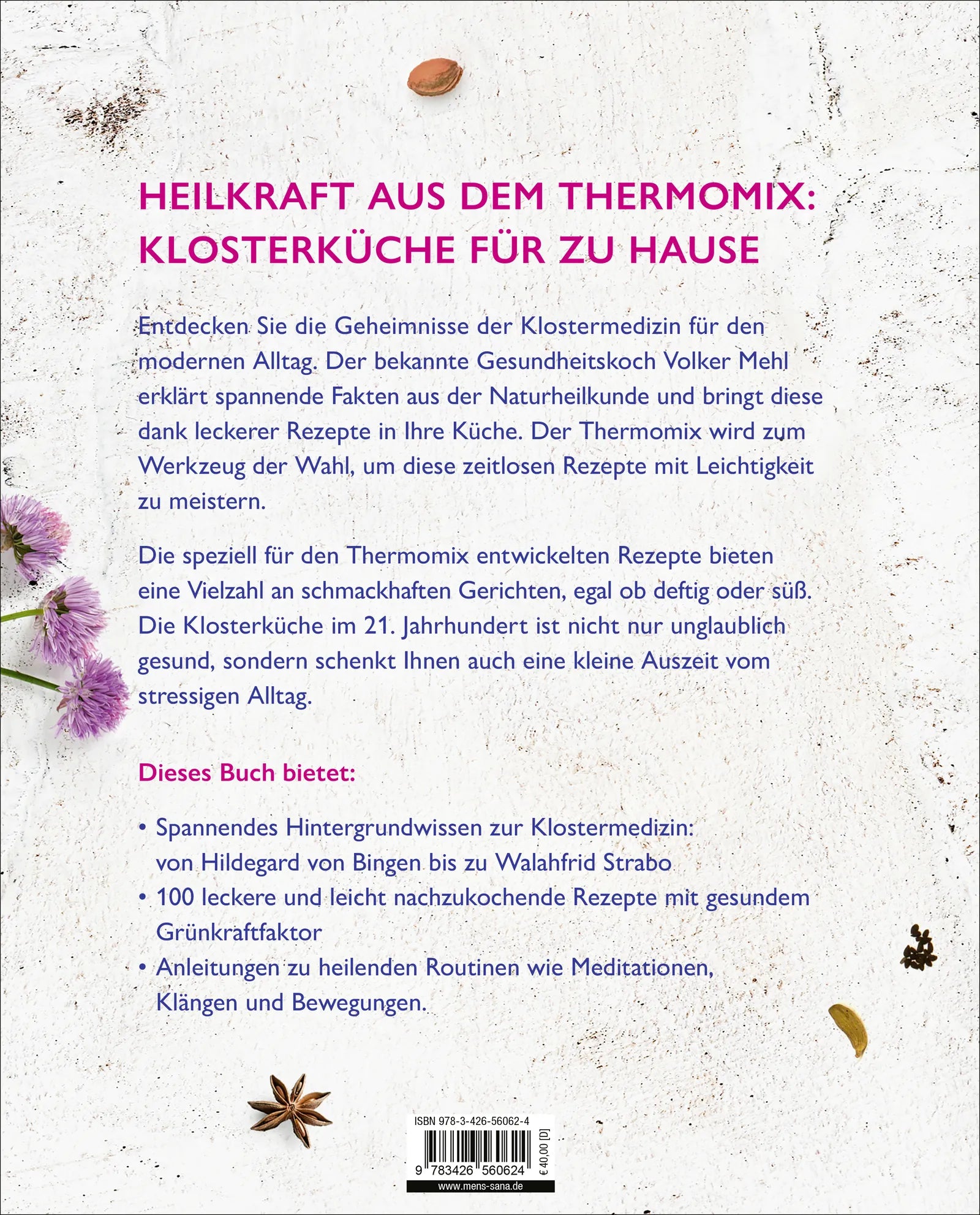 Buchrückseite von 'Gesunde Klosterküche für den Thermomix' mit Klappentext - Gebundene Ausgabe