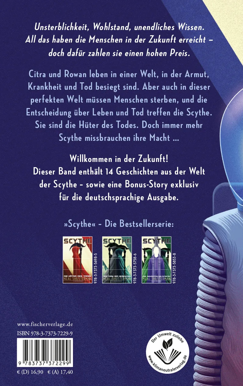 Buchrückseite von 'Gleanings – Storys aus dem Scythe-Universum' mit Klappentext - Paperback