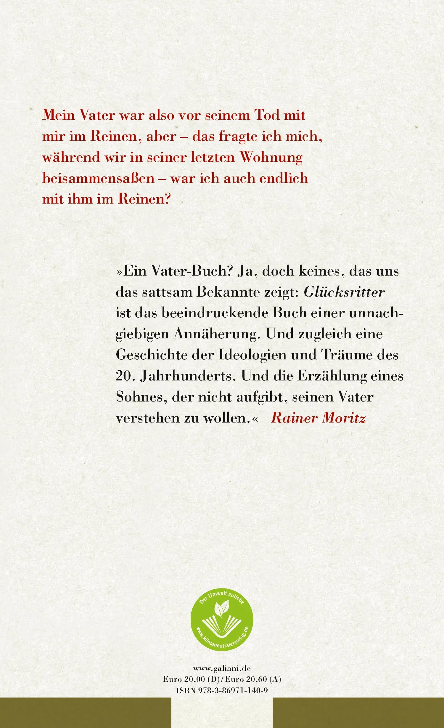 Buchrückseite von 'Glücksritter' mit Klappentext - Gebundene Ausgabe