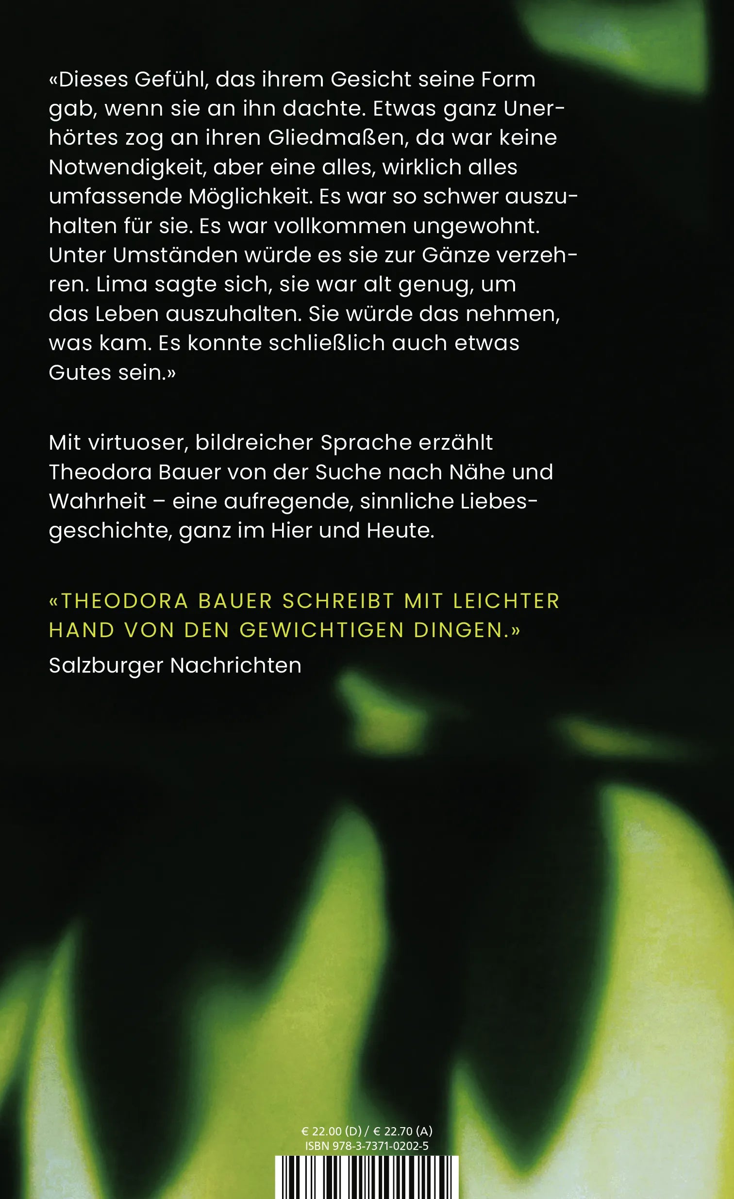 Buchrückseite von 'Glühen' mit Klappentext - Gebundene Ausgabe