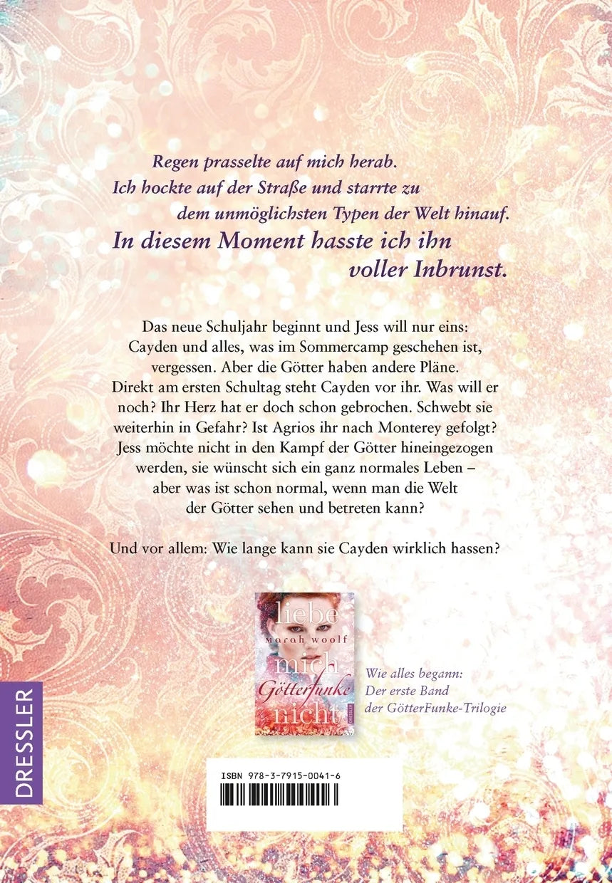 Buchrückseite von 'GötterFunke 2. Hasse mich nicht' mit Klappentext - Gebundene Ausgabe