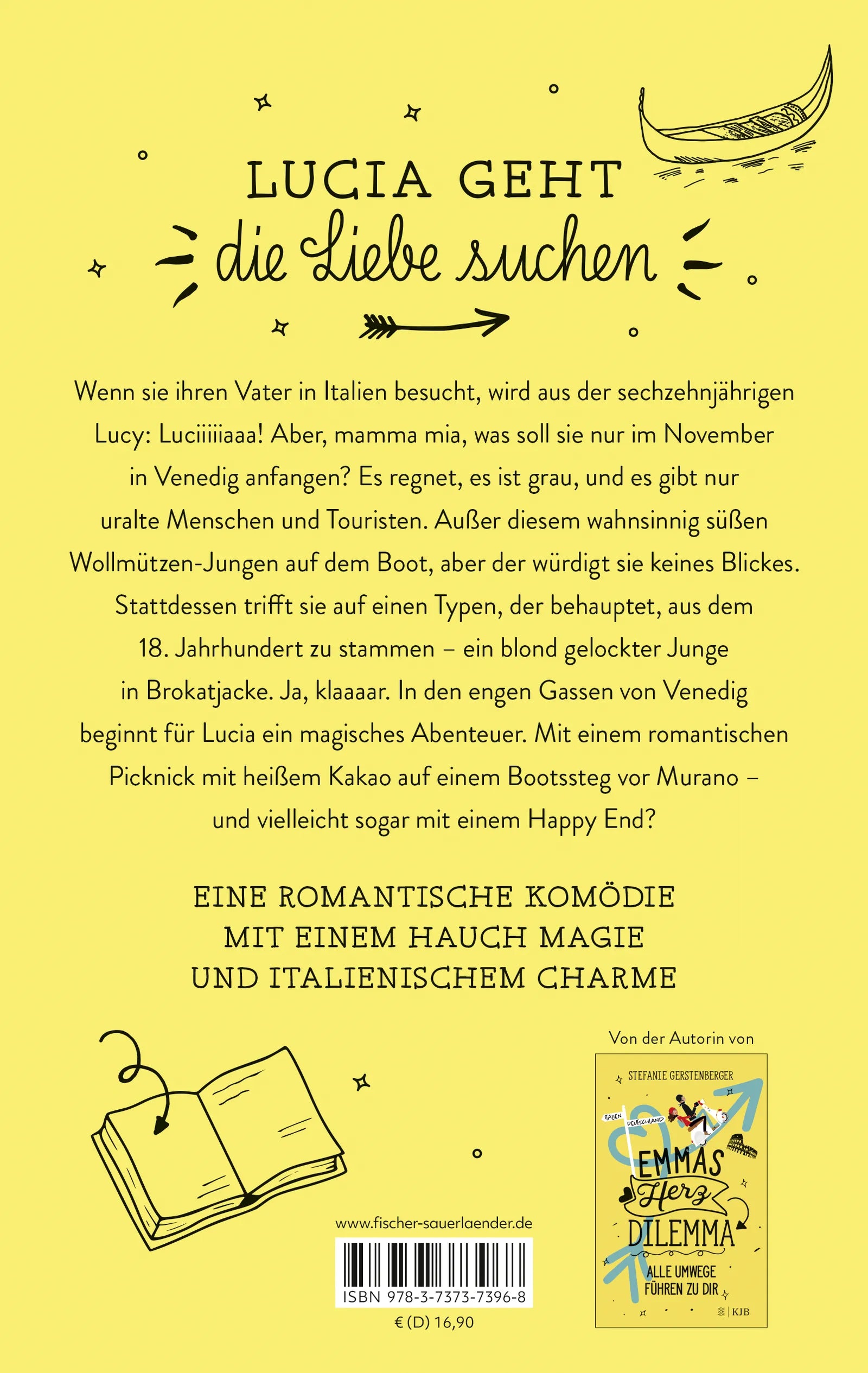 Buchrückseite von 'Gondelküsse und Zeitensprünge' mit Klappentext - Paperback