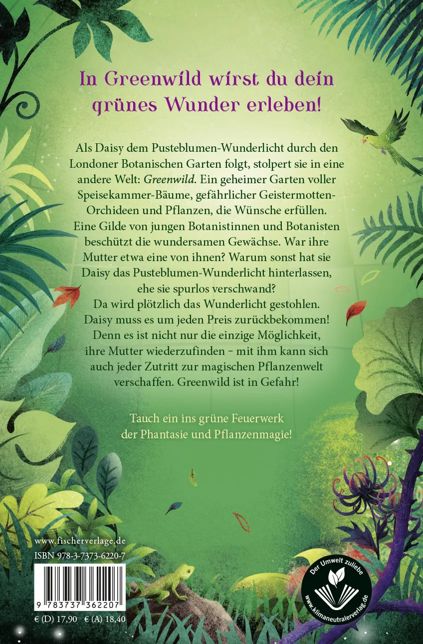 Buchrückseite von 'Greenwild – Die Jagd nach dem Wunderlicht' mit Klappentext - Gebundene Ausgabe