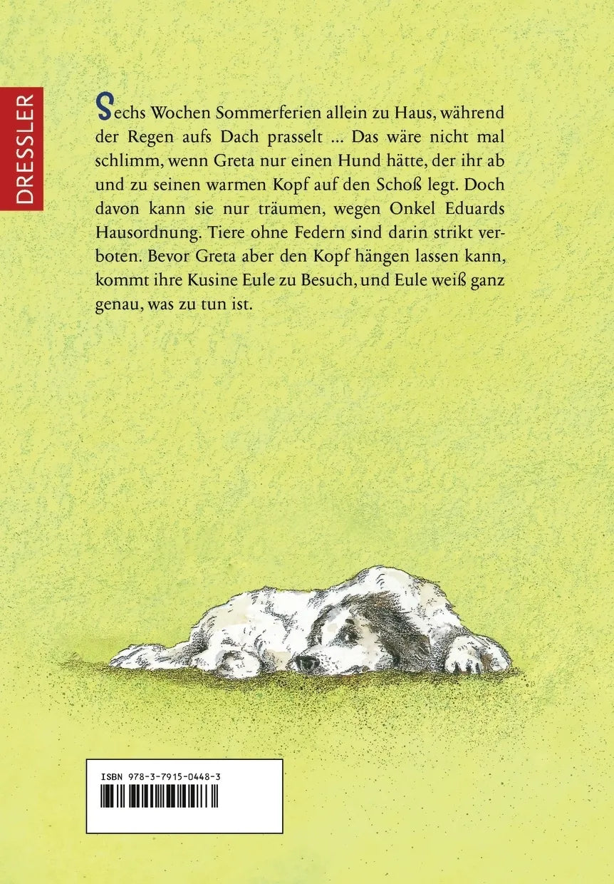 Buchrückseite von 'Greta und Eule, Hundesitter' mit Klappentext - Gebundene Ausgabe
