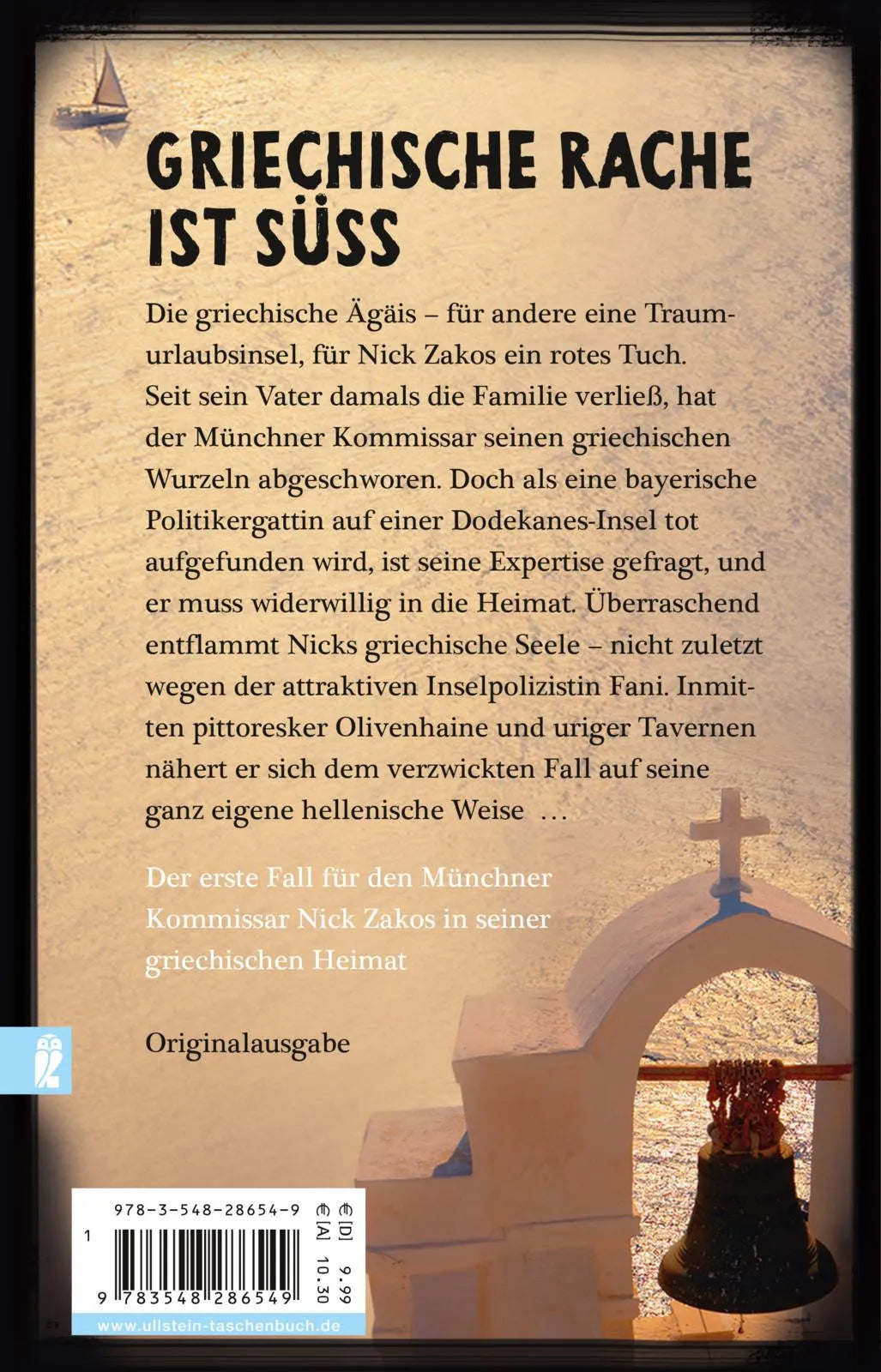 Buchrückseite von 'Griechischer Abschied' mit Klappentext - Taschenbuch
