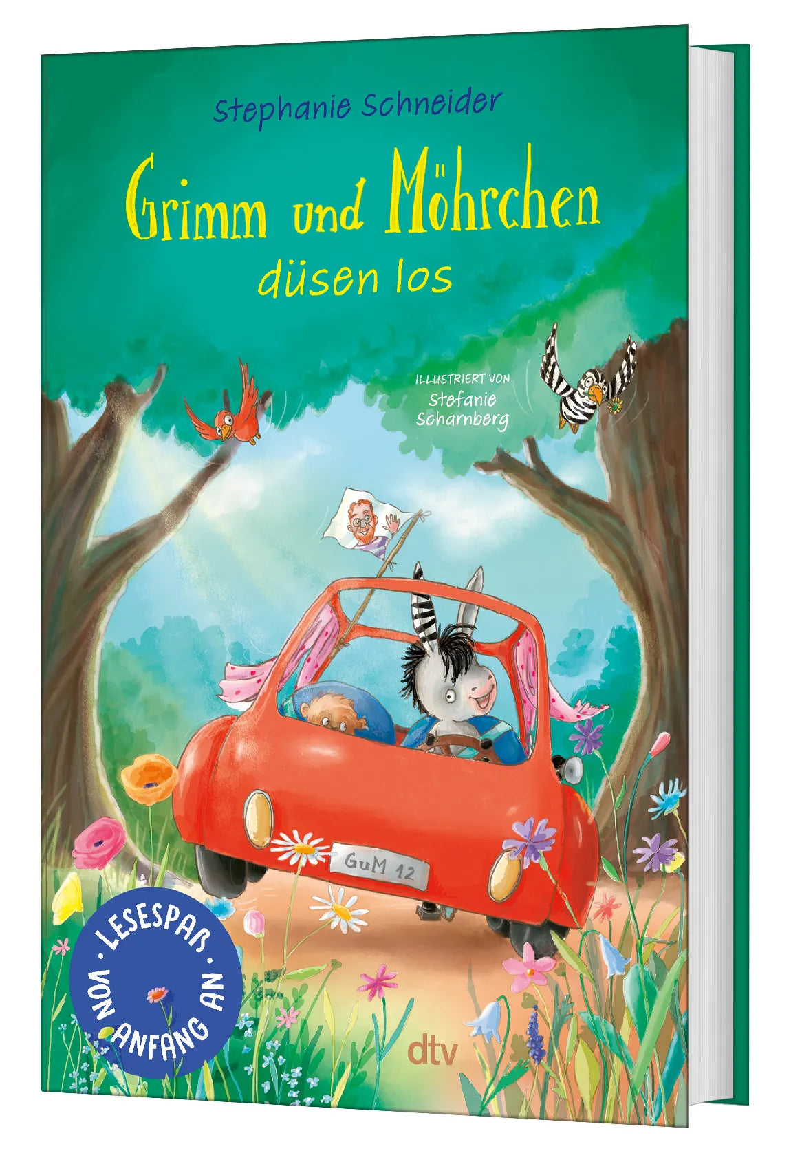 Buchcover von 'Grimm und Möhrchen düsen los' - Gebundene Ausgabe von Stephanie Schneider