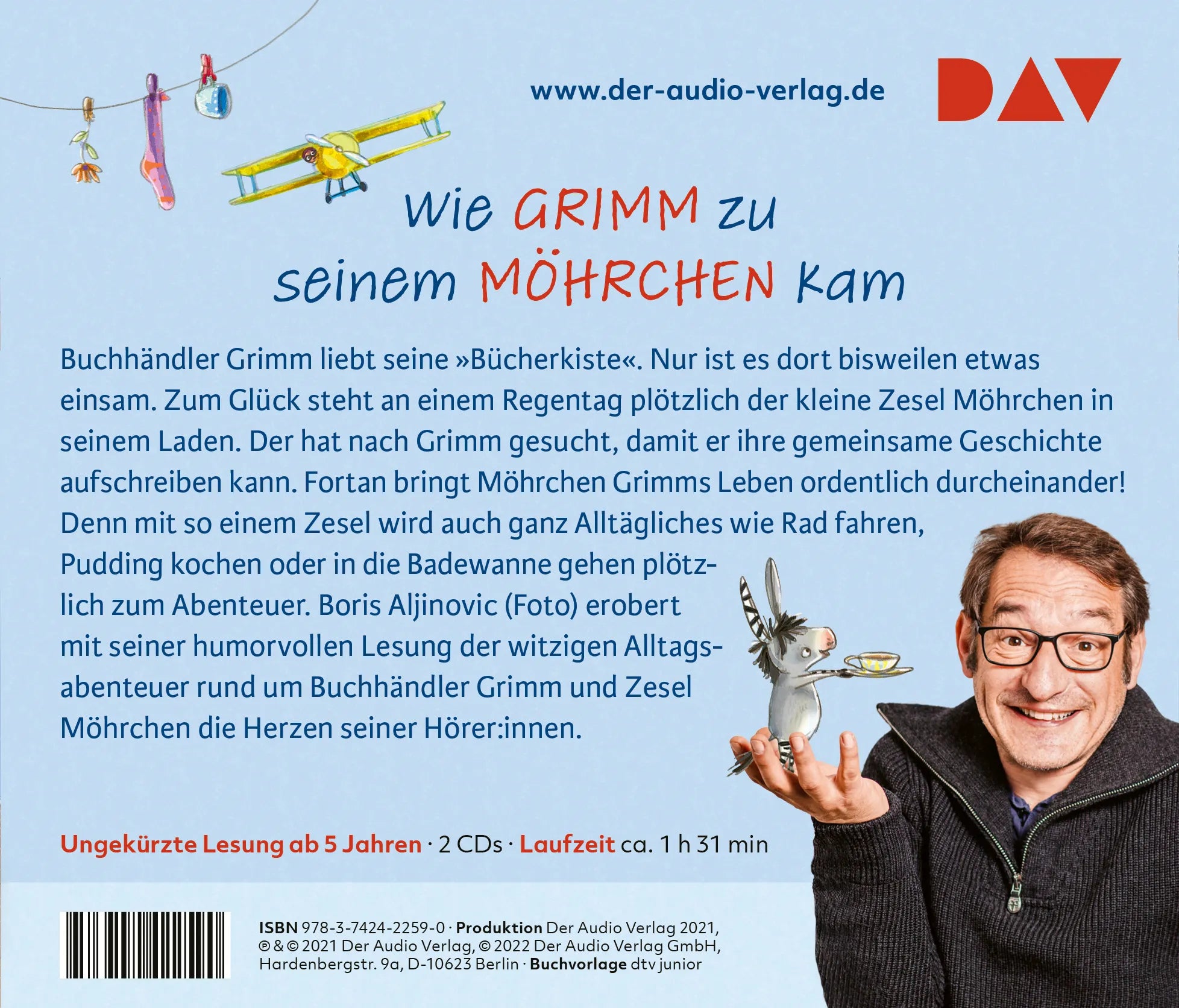 Buchrückseite von 'Grimm und Möhrchen – Teil 1: Ein Zesel zieht ein' mit Klappentext - Hörbuch (CD)