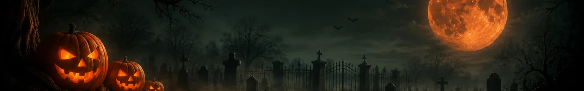 Halloween & Grusel bei CineBuch: Kürbisse, Nebel und blutroter Vollmond über dem Friedhof