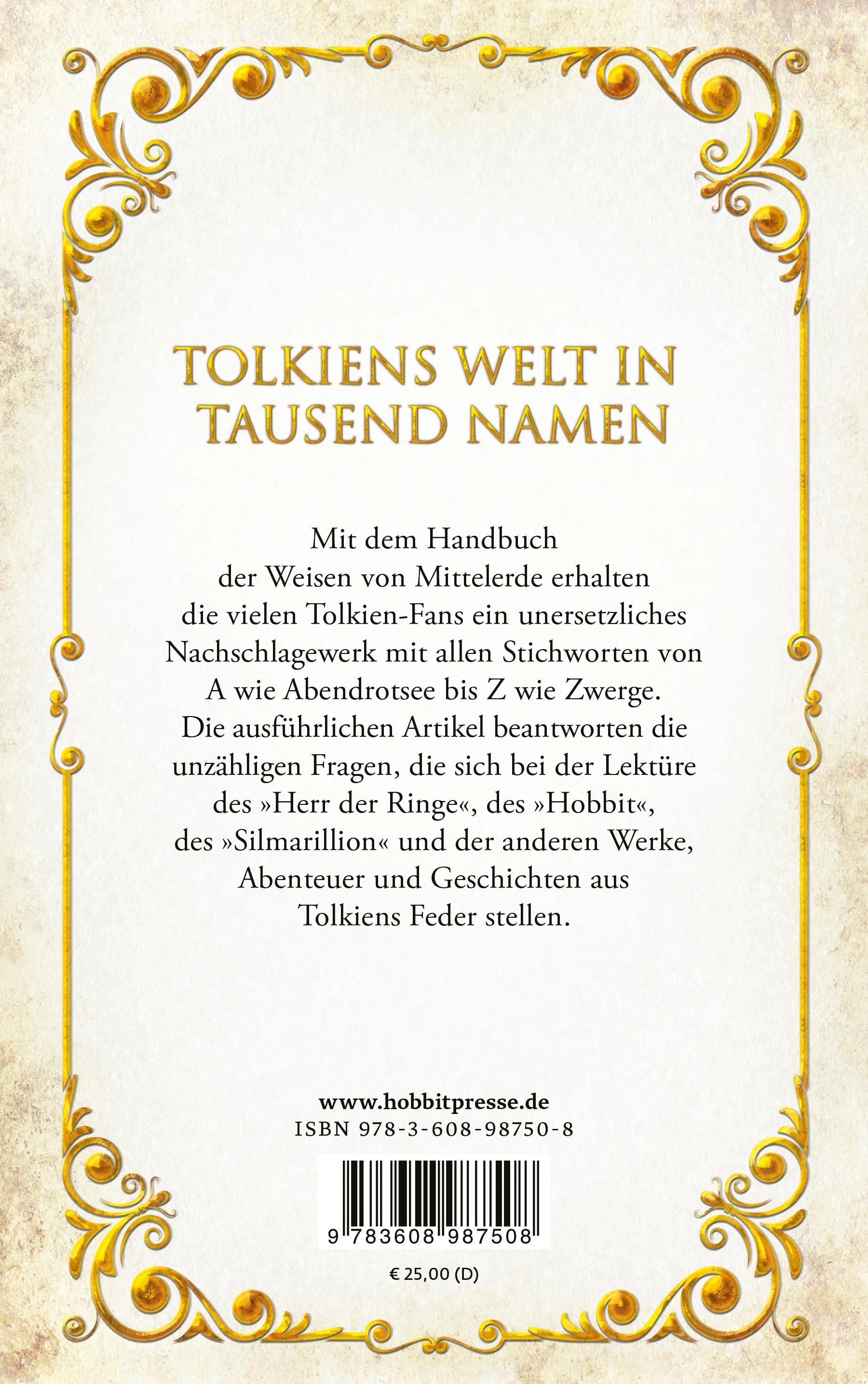 Buchrückseite von 'Handbuch der Weisen von Mittelerde' mit Klappentext - Gebundene Ausgabe