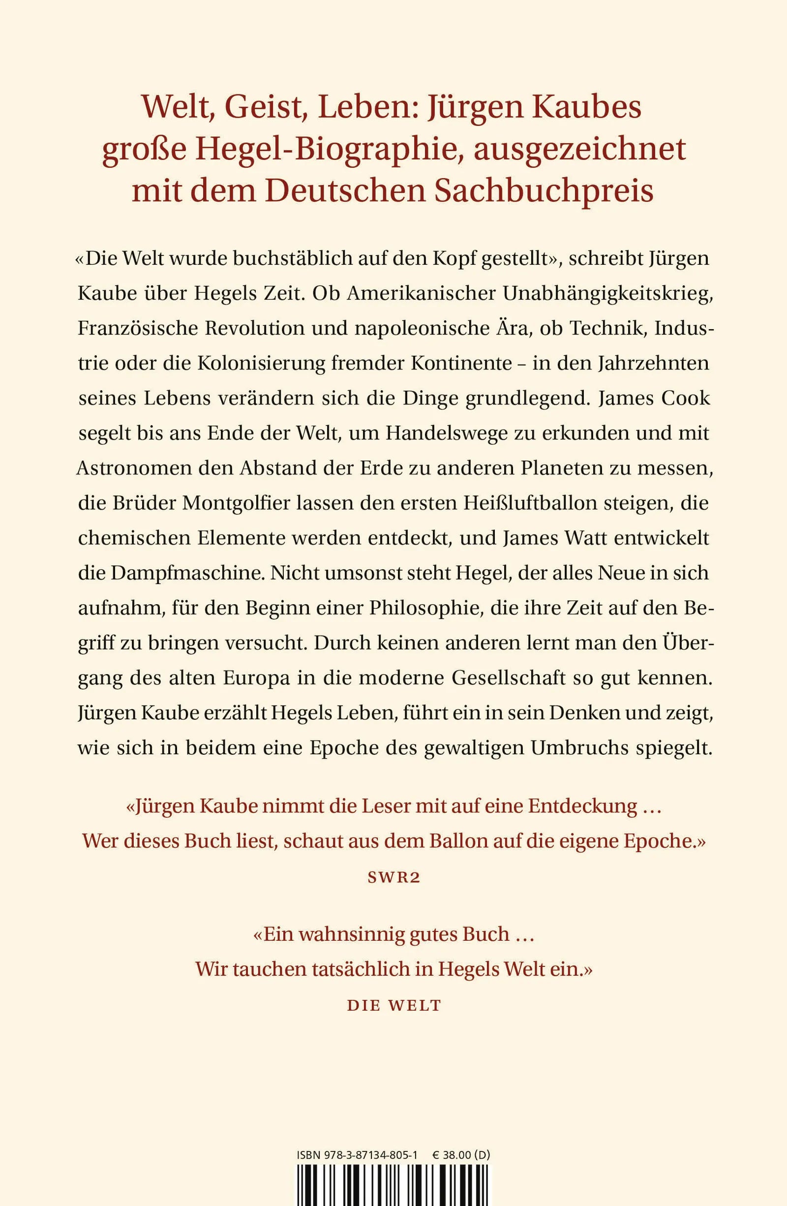 Buchrückseite von 'Hegels Welt' mit Klappentext - Gebundene Ausgabe