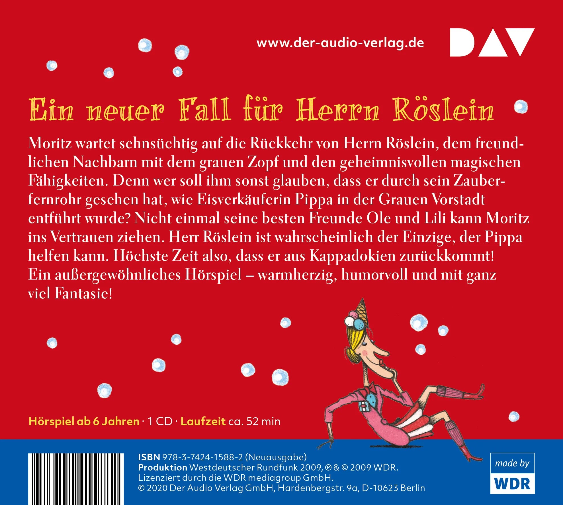 Buchrückseite von 'Herr Röslein kommt zurück' mit Klappentext - Hörbuch (CD)
