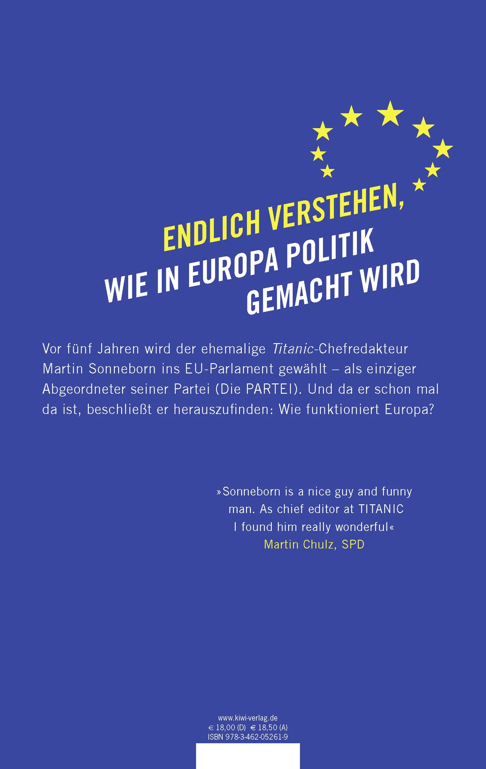 Buchrückseite von 'Herr Sonneborn geht nach Brüssel' mit Klappentext - Paperback