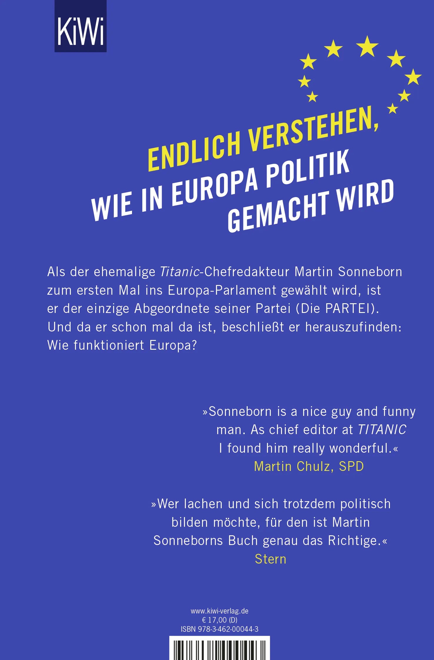 Buchrückseite von 'Herr Sonneborn geht nach Brüssel' mit Klappentext - Taschenbuch