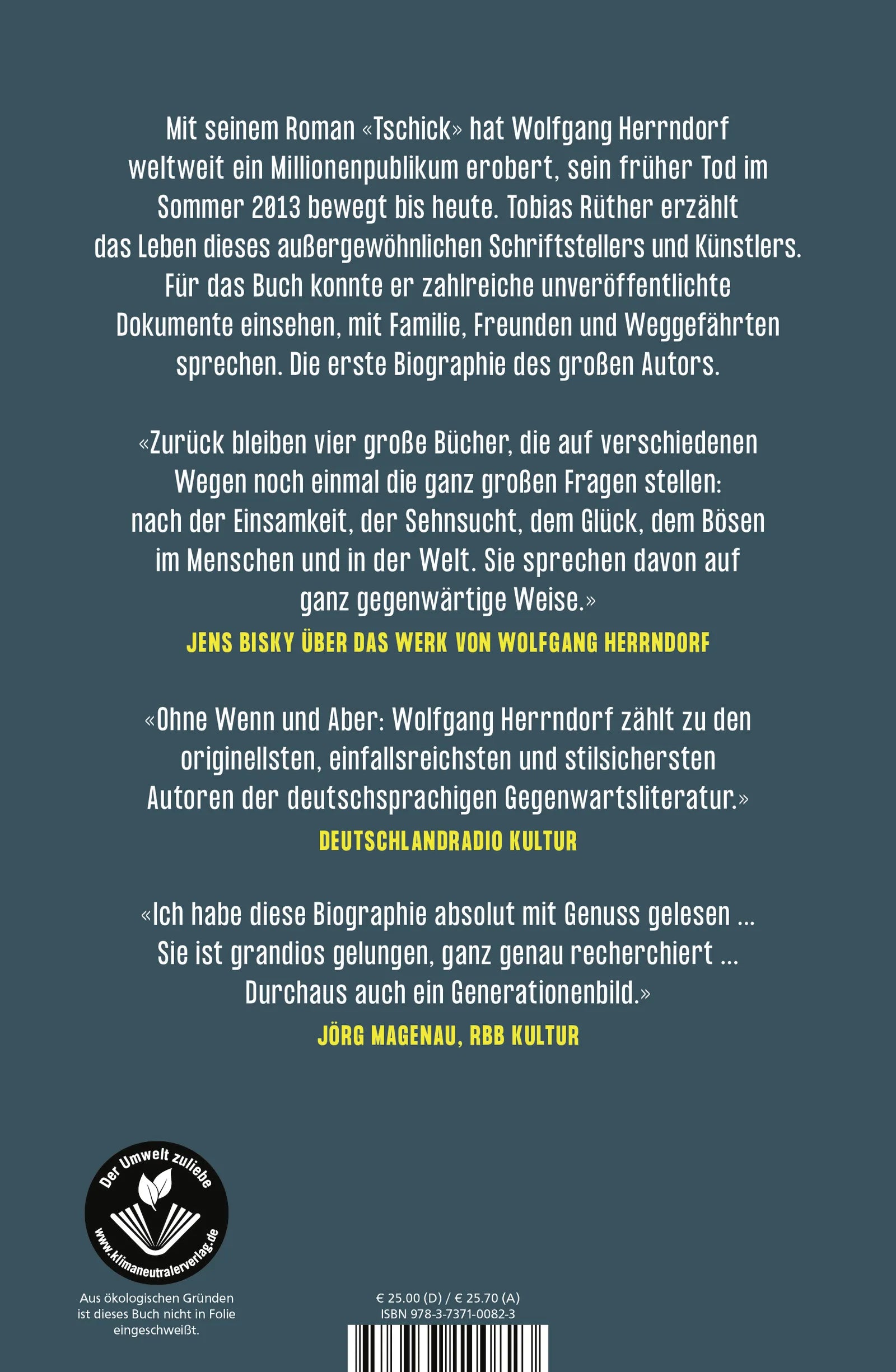 Buchrückseite von 'Herrndorf' mit Klappentext - Gebundene Ausgabe