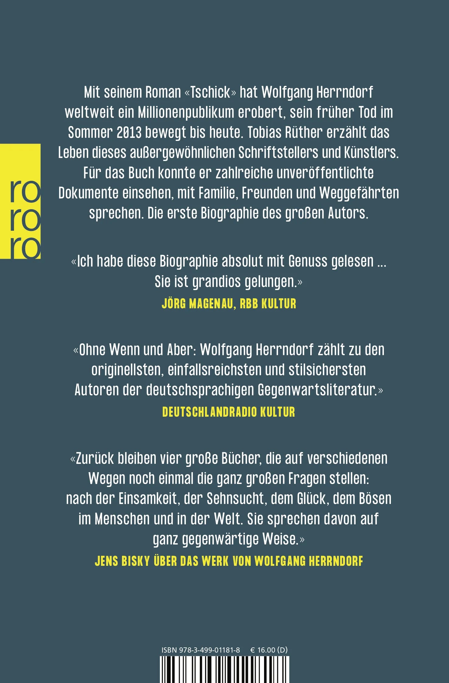 Buchrückseite von 'Herrndorf' mit Klappentext - Taschenbuch