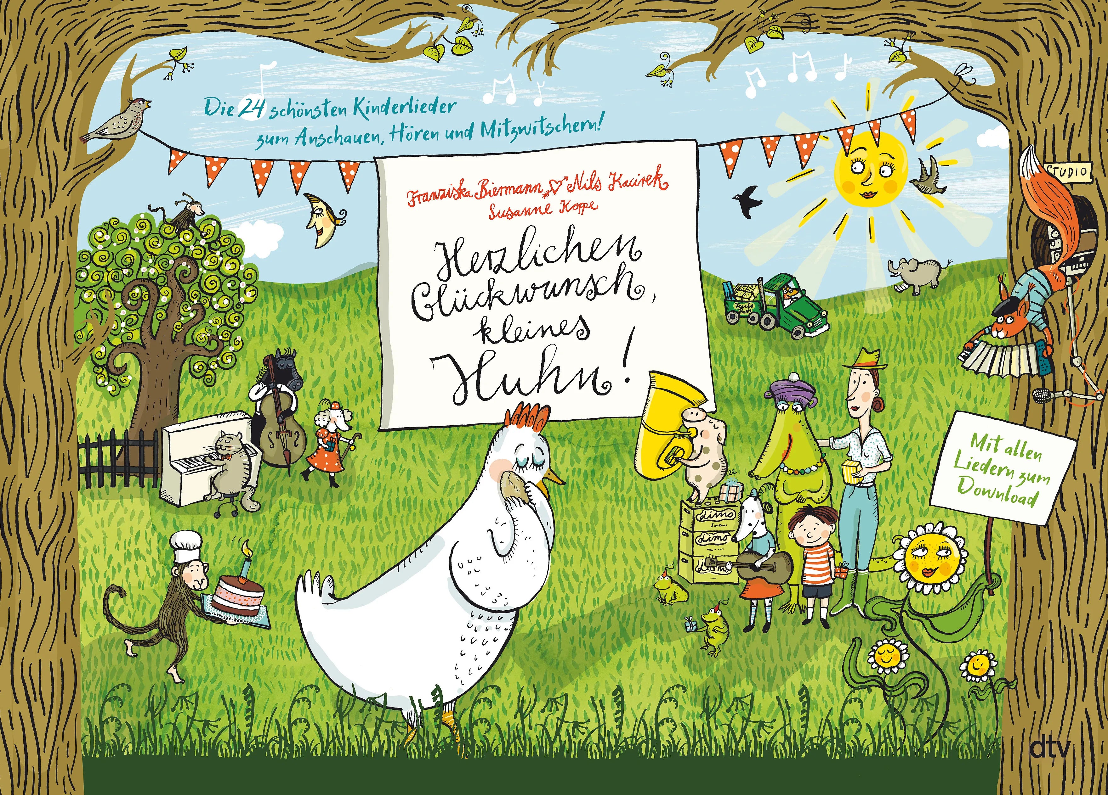 Buchcover von 'Herzlichen Glückwunsch, kleines Huhn! Die 24 schönsten Kinderlieder zum Anschauen, Hören und Mitzwitschern!' - Gebundene Ausgabe von Franziska Biermann
