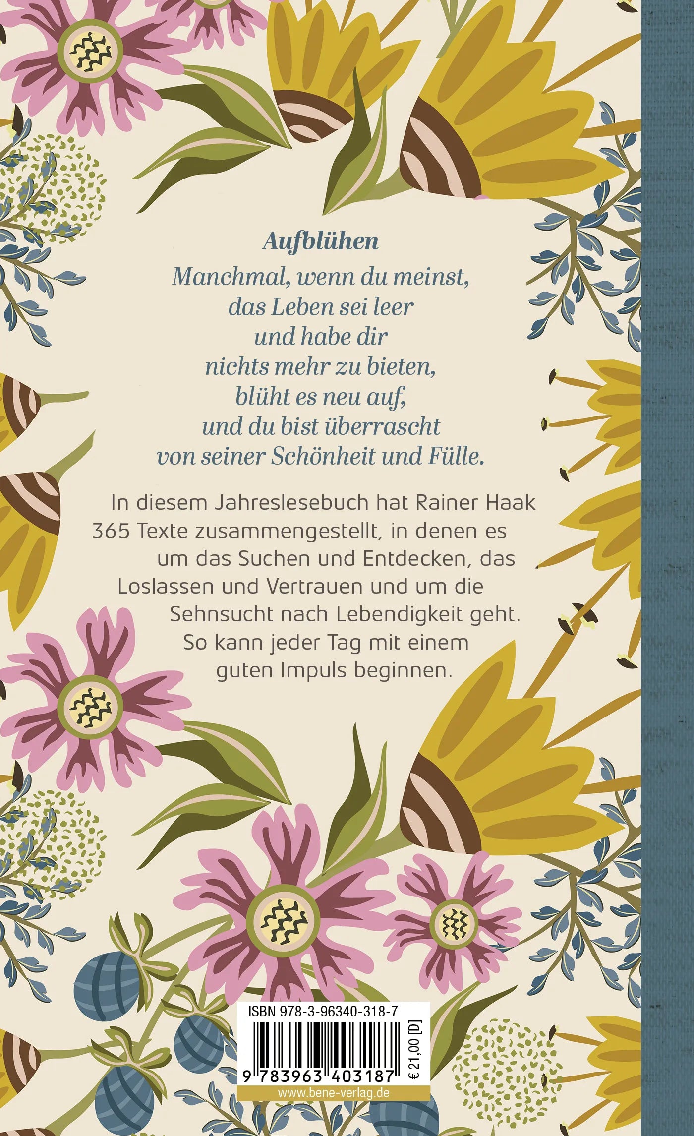 Buchrückseite von 'Heute ist Zeit zum Leben' mit Klappentext - Gebundene Ausgabe