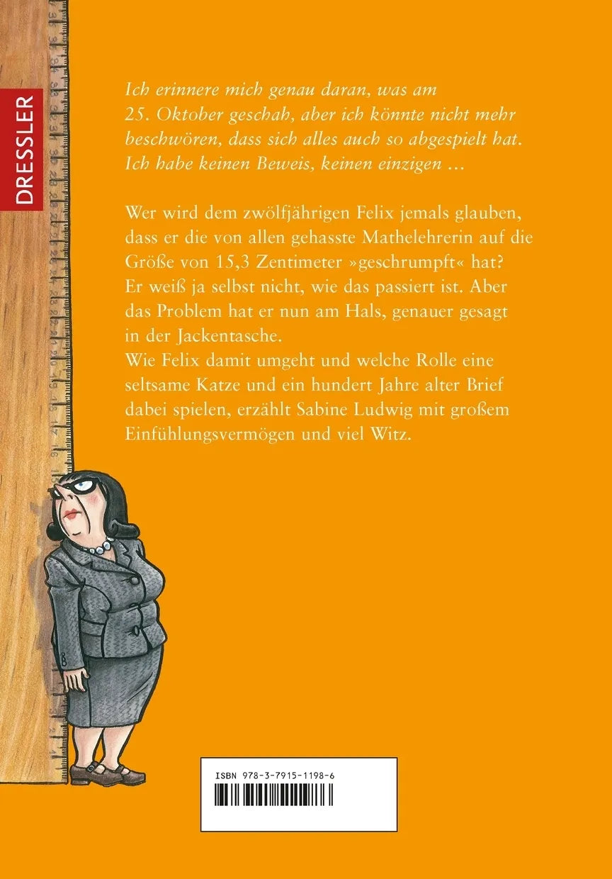 Buchrückseite von 'Hilfe, ich hab meine Lehrerin geschrumpft' mit Klappentext - Gebundene Ausgabe