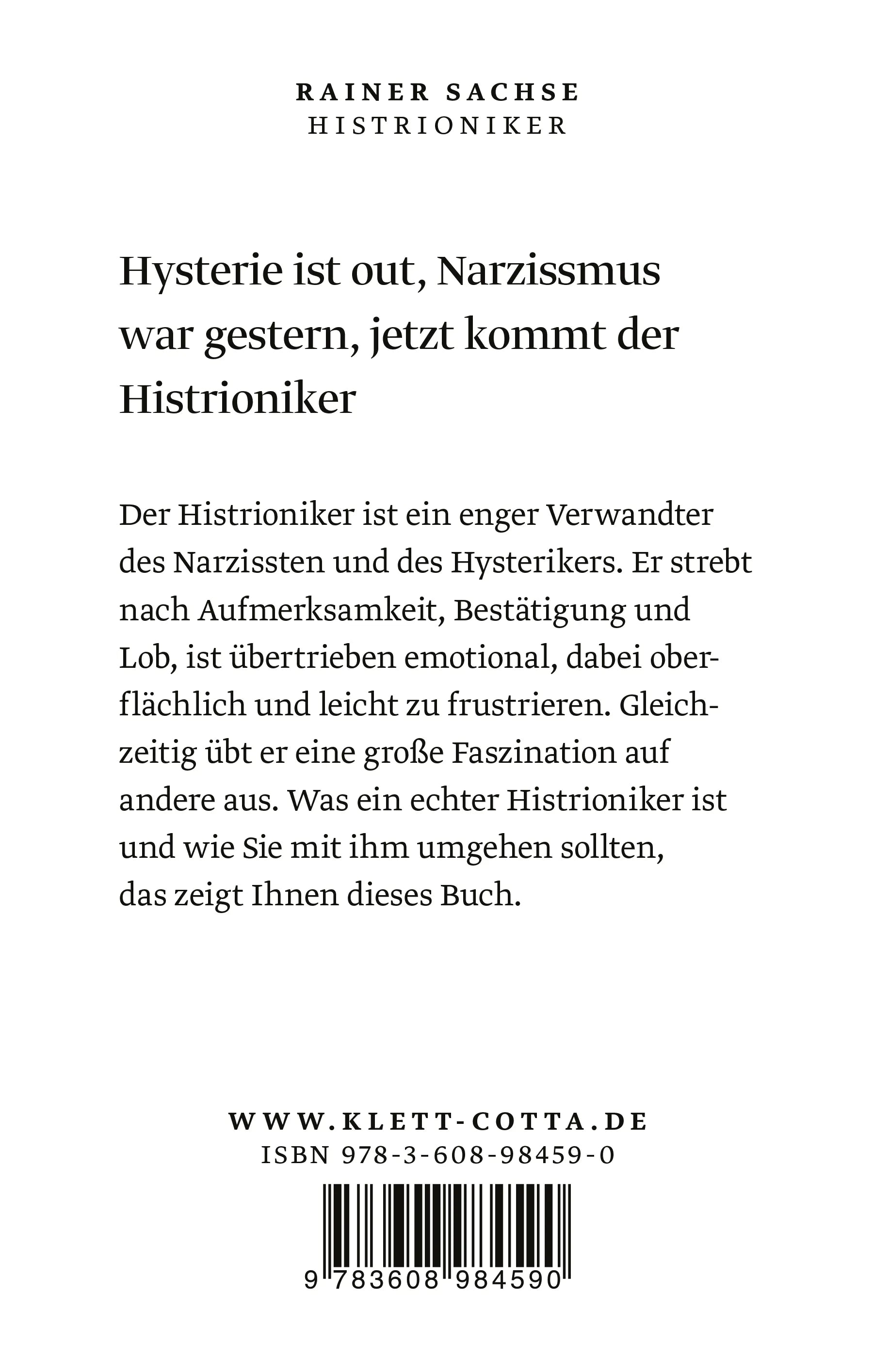 Buchrückseite von 'Histrioniker' mit Klappentext - Paperback