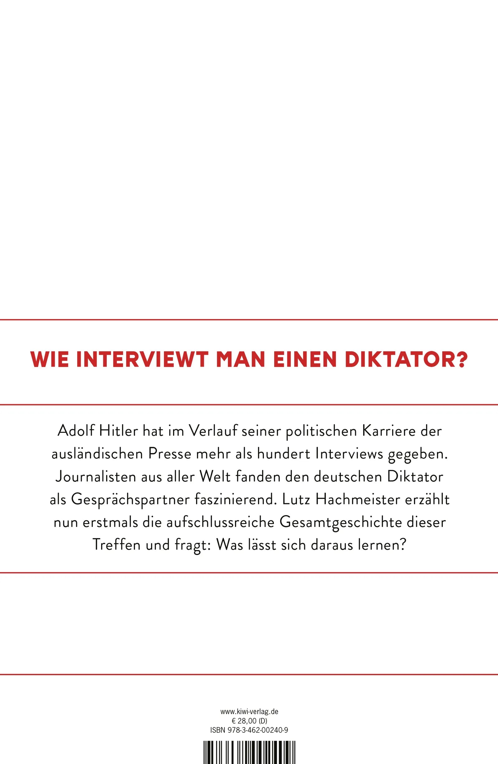 Buchrückseite von 'Hitlers Interviews' mit Klappentext - Gebundene Ausgabe