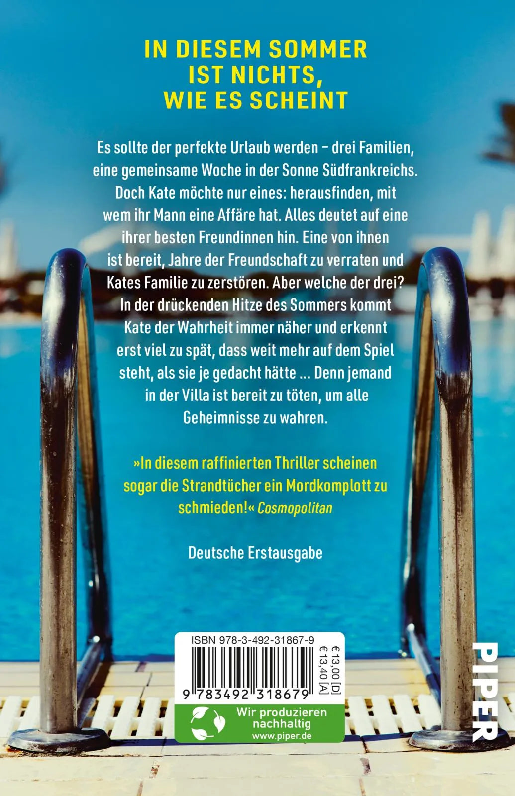 Buchrückseite von 'Holiday – Sieben Tage. Drei Familien. Ein tödliches Geheimnis.' mit Klappentext - Taschenbuch