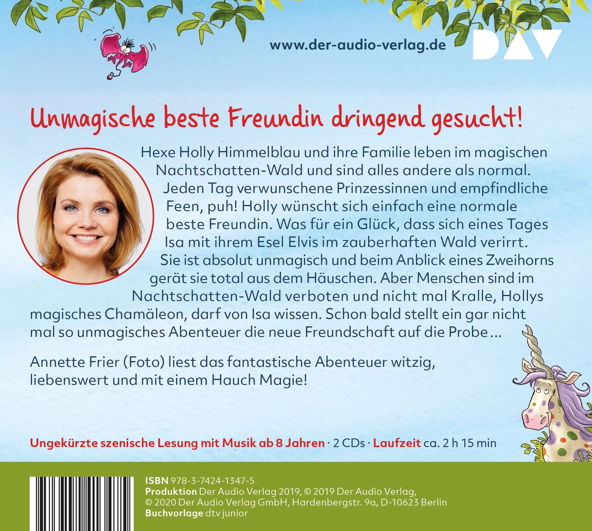 Buchrückseite von 'Holly Himmelblau – Unmagische Freundin gesucht' mit Klappentext - Hörbuch (CD)