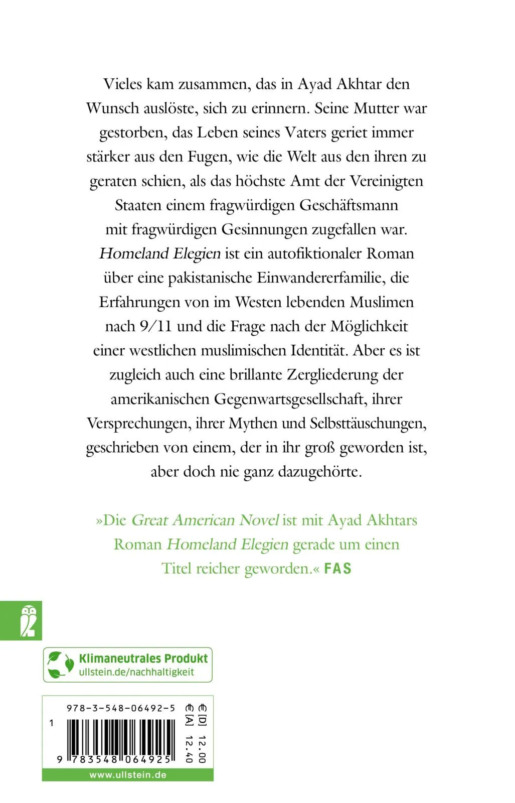 Buchrückseite von 'Homeland Elegien' mit Klappentext - Taschenbuch