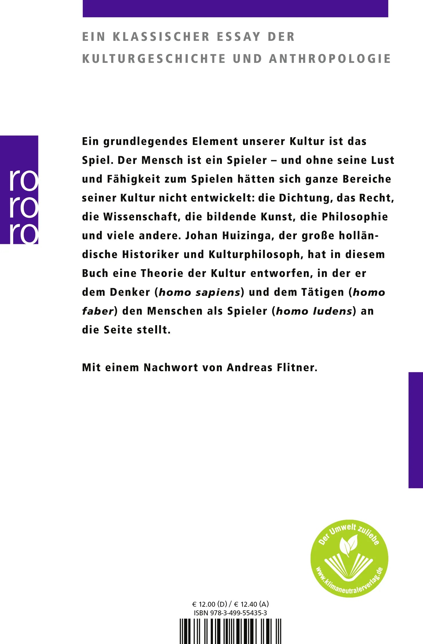 Buchrückseite von 'Homo Ludens' mit Klappentext - Taschenbuch