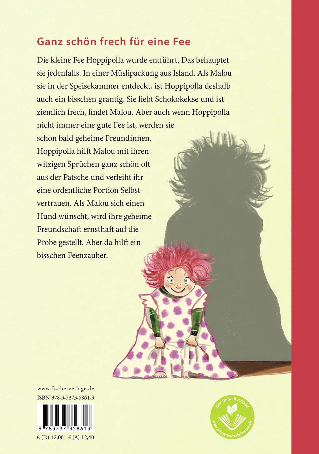 Buchrückseite von 'Hoppipolla Die Fee, die aus dem Müsli purzelte' mit Klappentext - Gebundene Ausgabe
