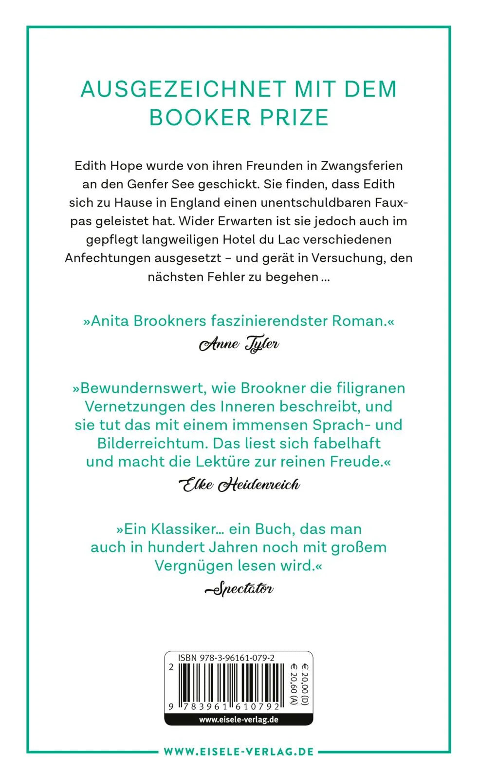 Buchrückseite von 'Hotel du Lac' mit Klappentext - Gebundene Ausgabe