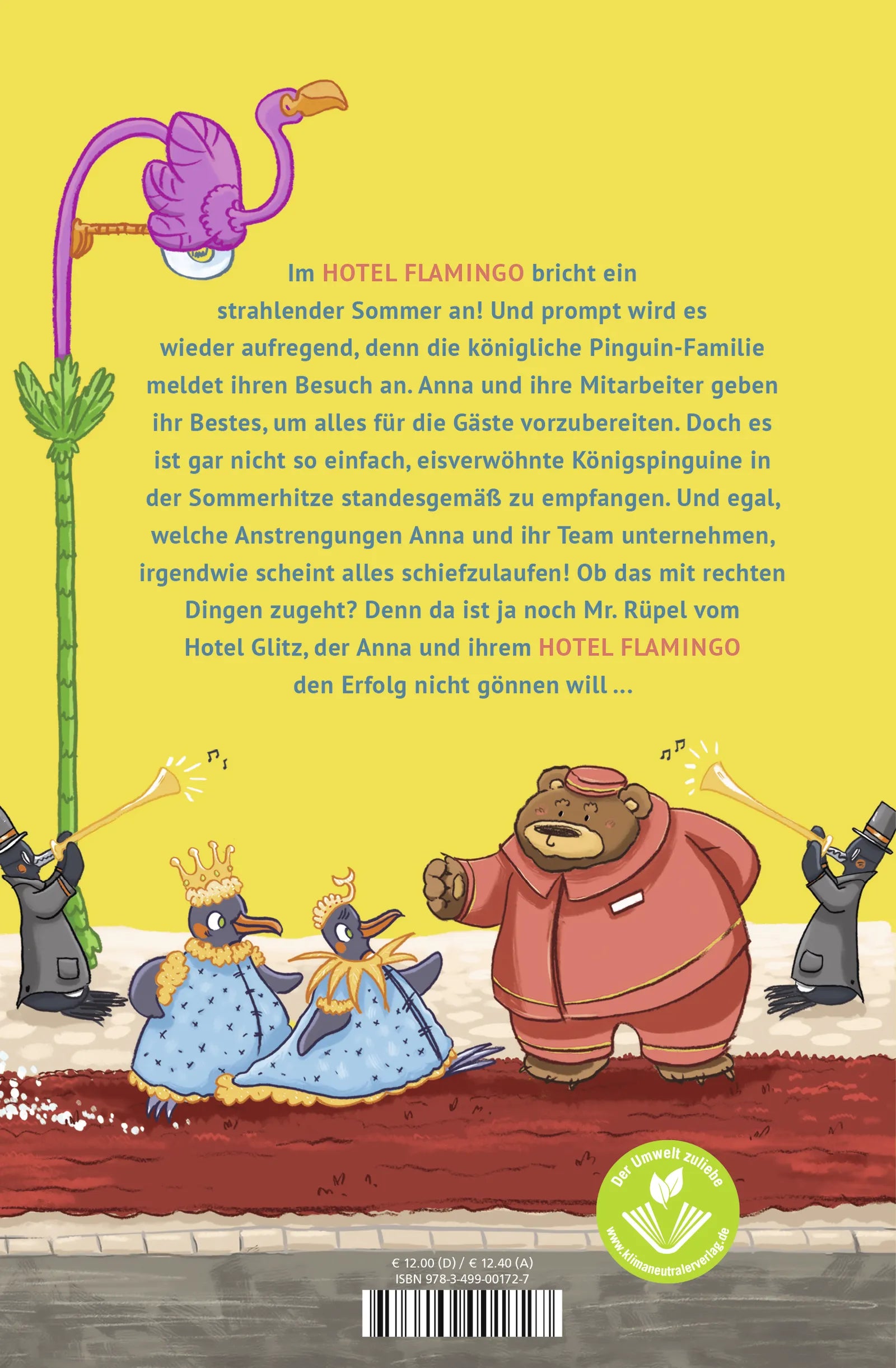 Buchrückseite von 'Hotel Flamingo: Königliche Gäste' mit Klappentext - Gebundene Ausgabe