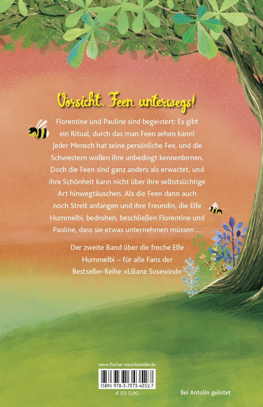 Buchrückseite von 'Hummelbi – Der verflixte Feenstreit' mit Klappentext - Gebundene Ausgabe