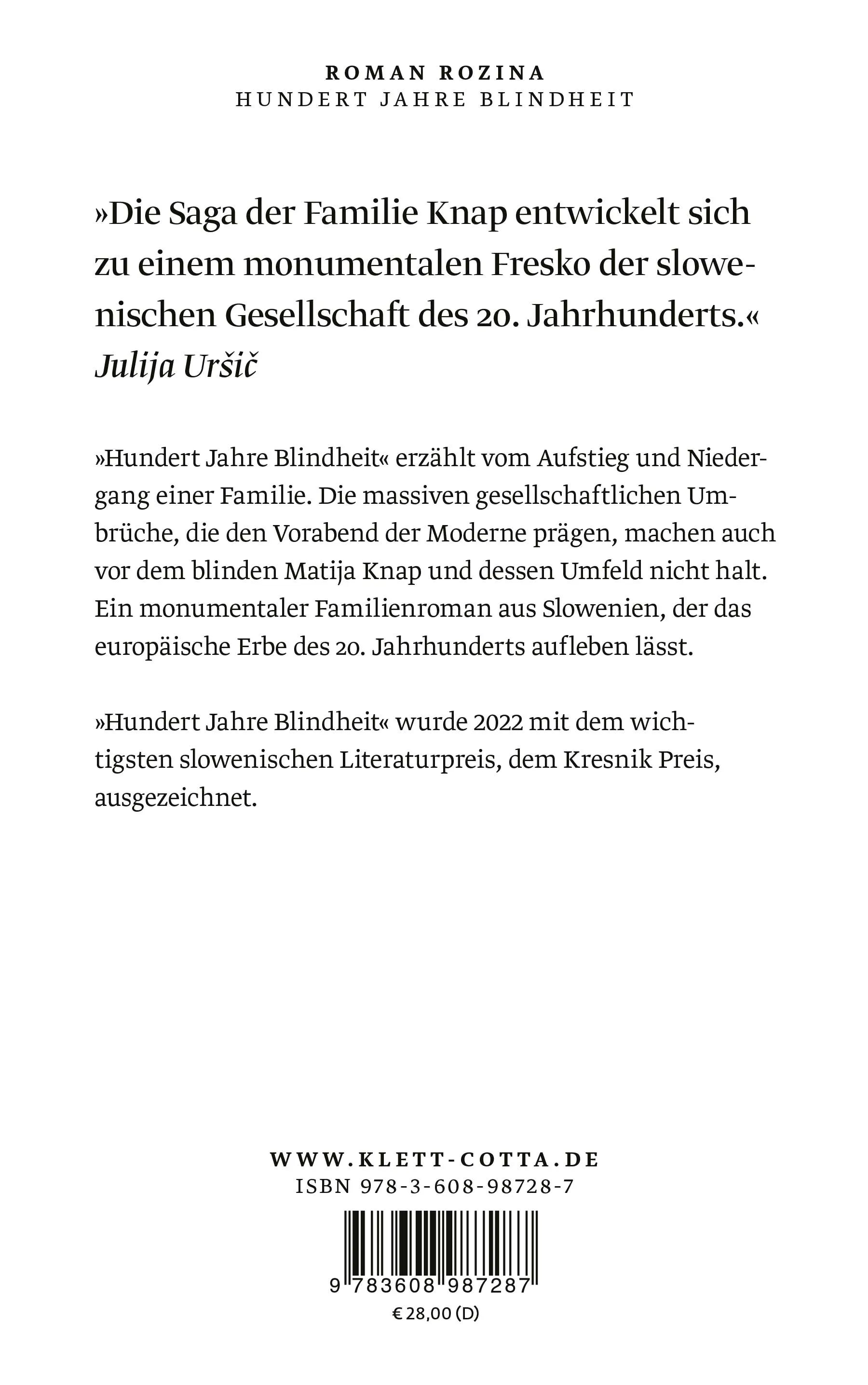 Buchrückseite von 'Hundert Jahre Blindheit' mit Klappentext - Gebundene Ausgabe