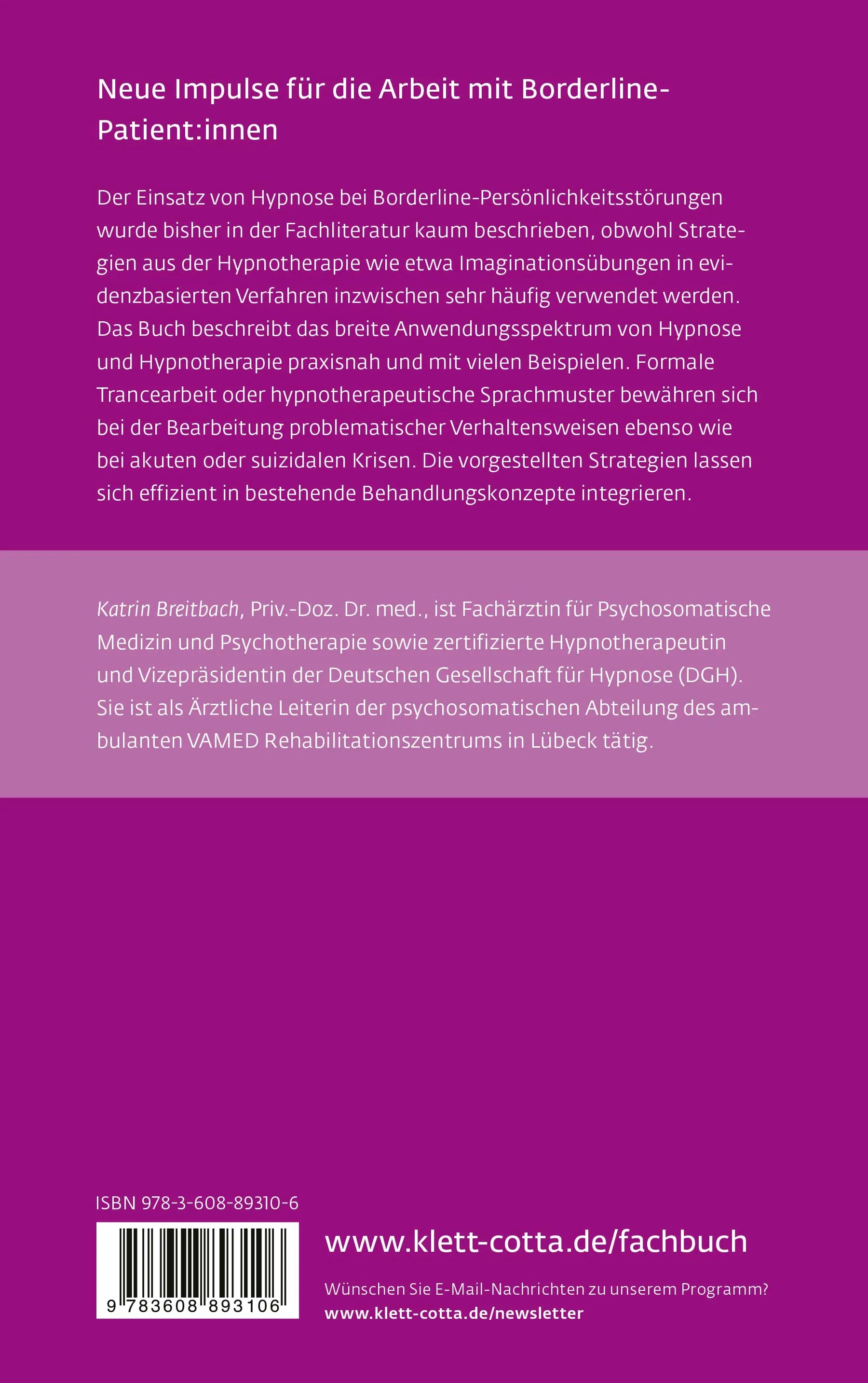 Buchrückseite von 'Hypnose bei Borderline-Persönlichkeitsstörungen' mit Klappentext - Paperback