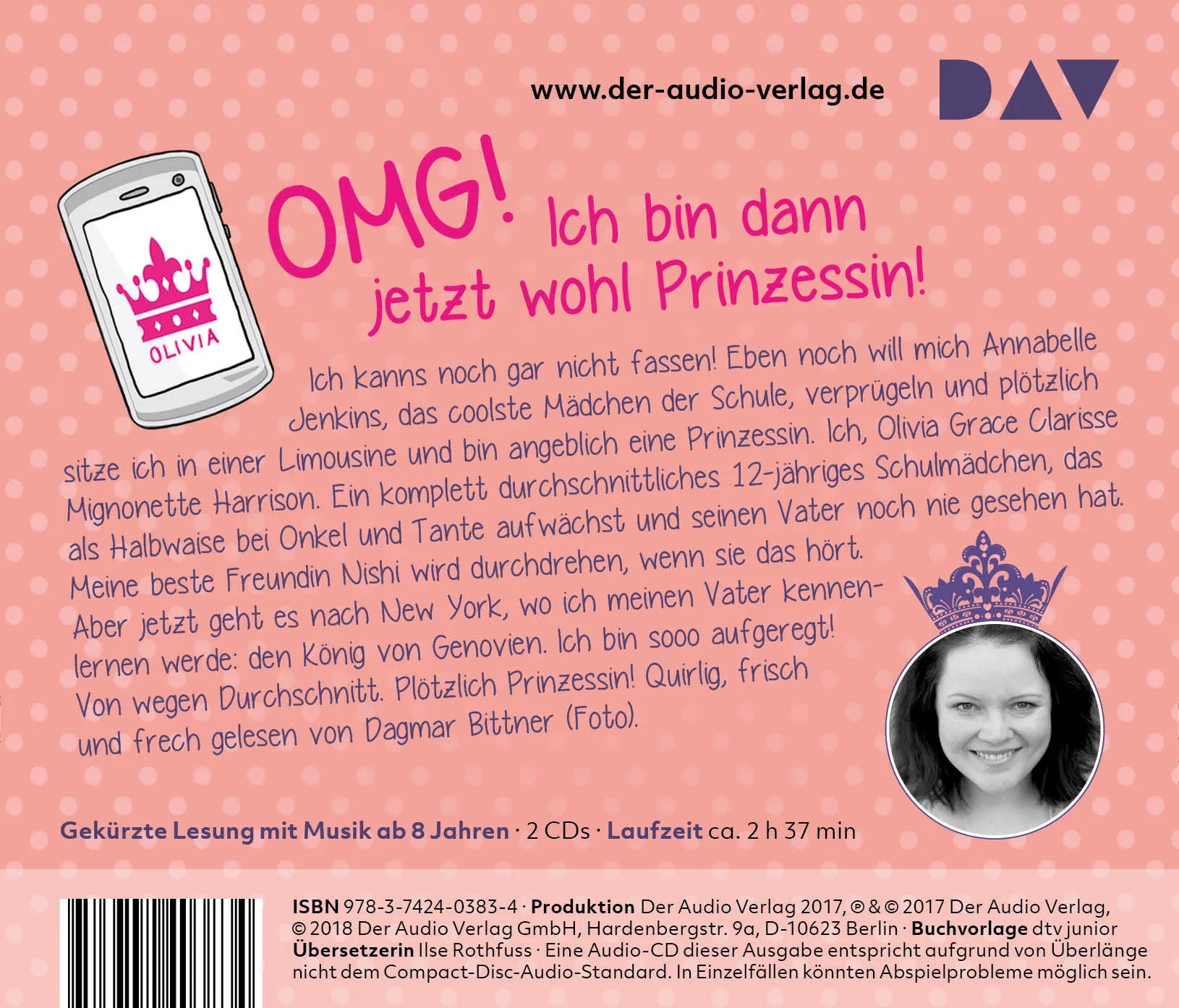 Buchrückseite von 'Ich bin dann mal Prinzessin – Teil 1' mit Klappentext - Hörbuch (CD)