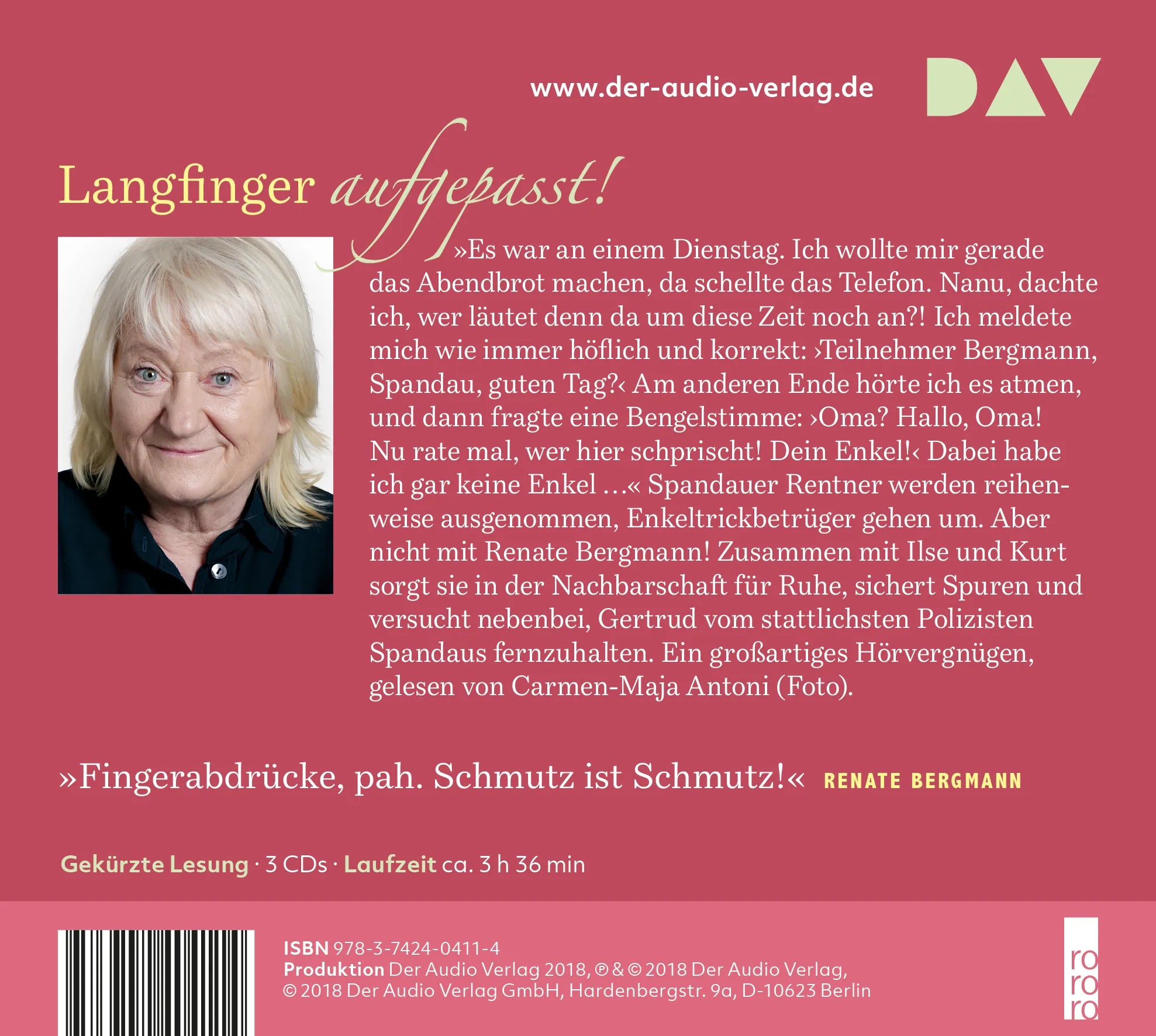 Buchrückseite von 'Ich habe gar keine Enkel. Die Online-Omi räumt auf' mit Klappentext - Hörbuch (CD)