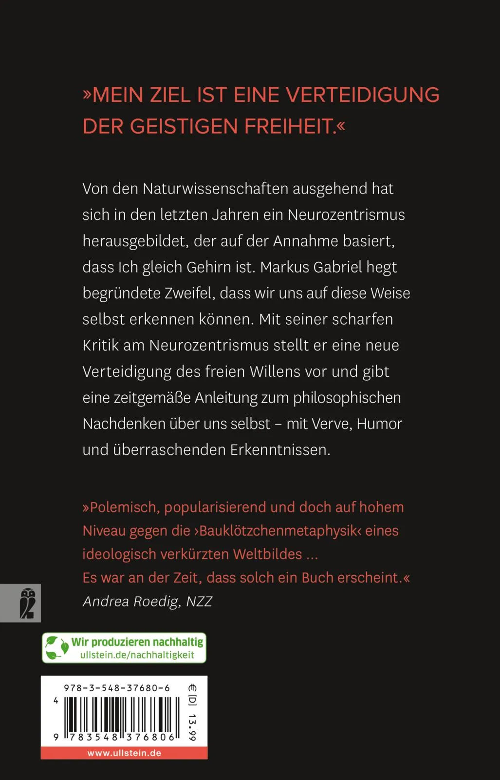 Buchrückseite von 'Ich ist nicht Gehirn' mit Klappentext - Taschenbuch