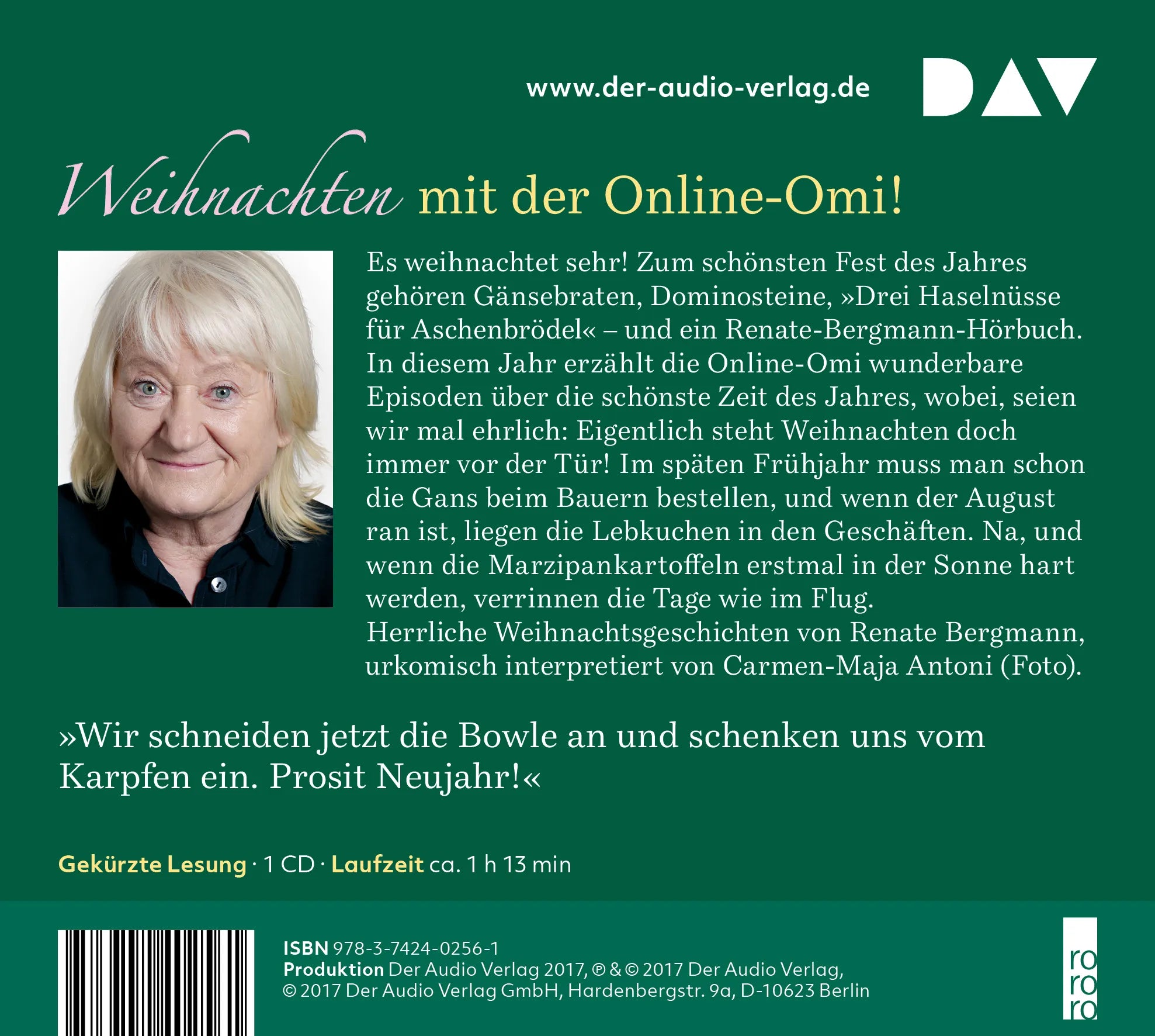 Buchrückseite von 'Ich seh den Baum noch fallen. Renate Bergmanns Weihnachtsabenteuer' mit Klappentext - Hörbuch (CD)