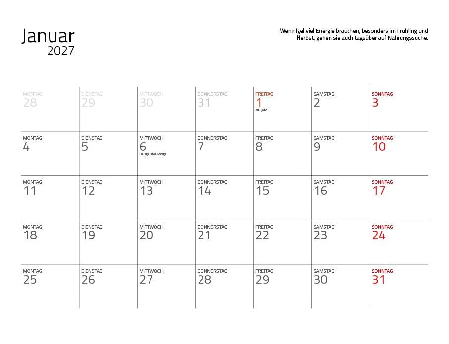 Igel 2027 Eintragkalender – Ansicht