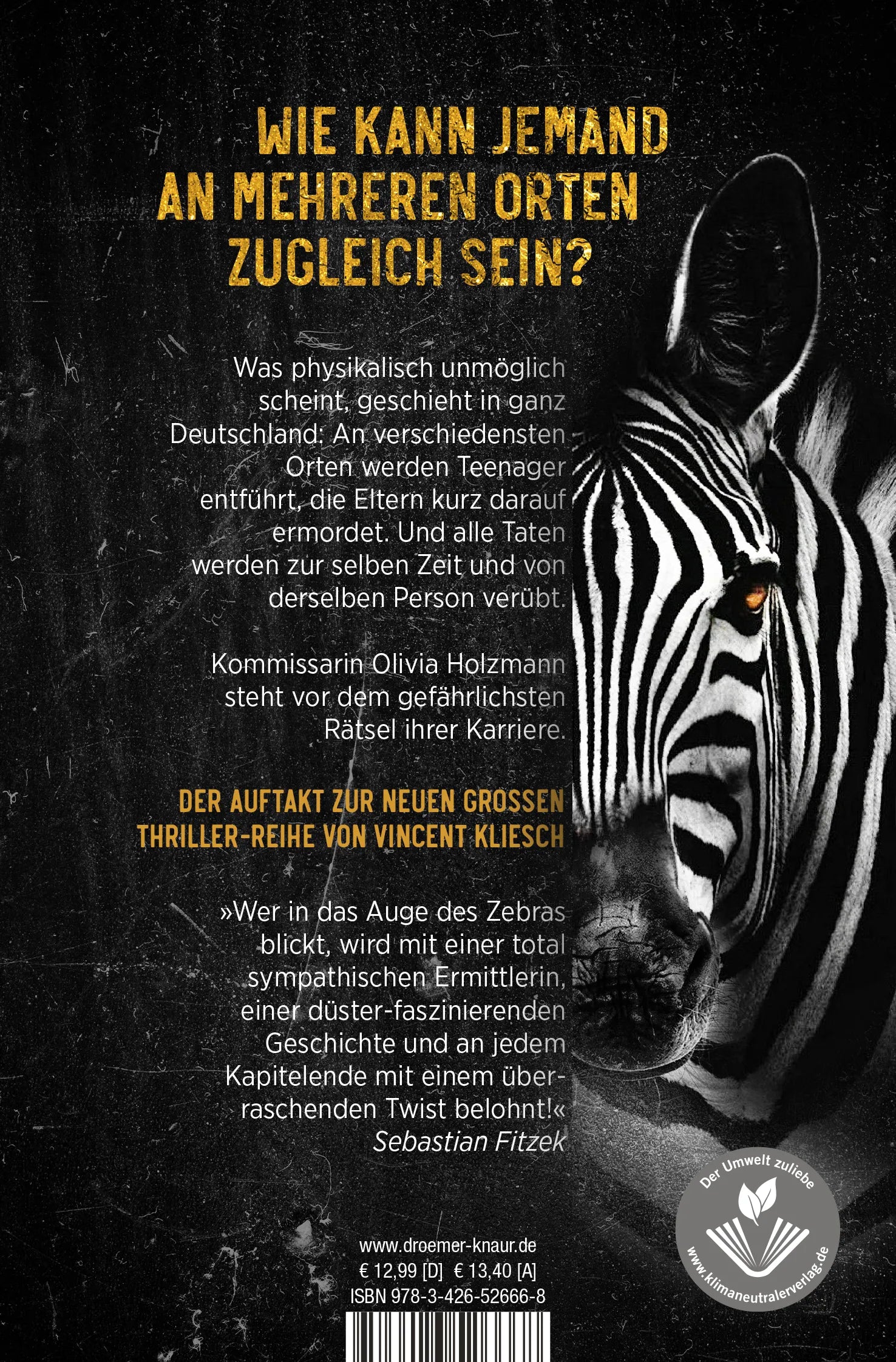 Buchrückseite von 'Im Auge des Zebras' mit Klappentext - Taschenbuch