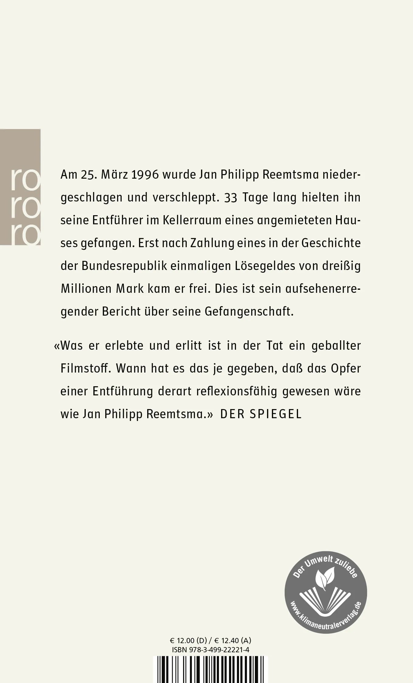 Buchrückseite von 'Im Keller' mit Klappentext - Taschenbuch