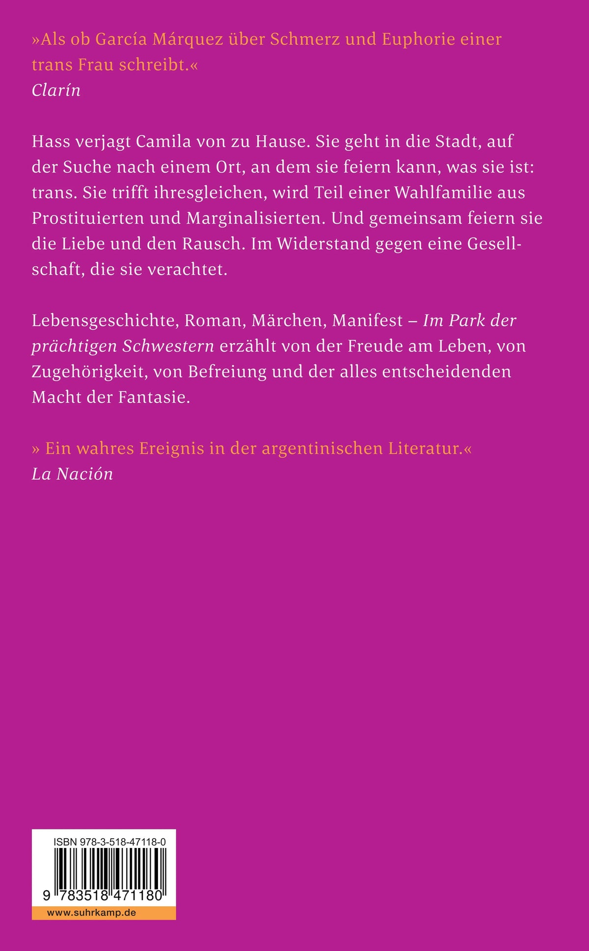 Buchrückseite von 'Im Park der prächtigen Schwestern' mit Klappentext - Taschenbuch