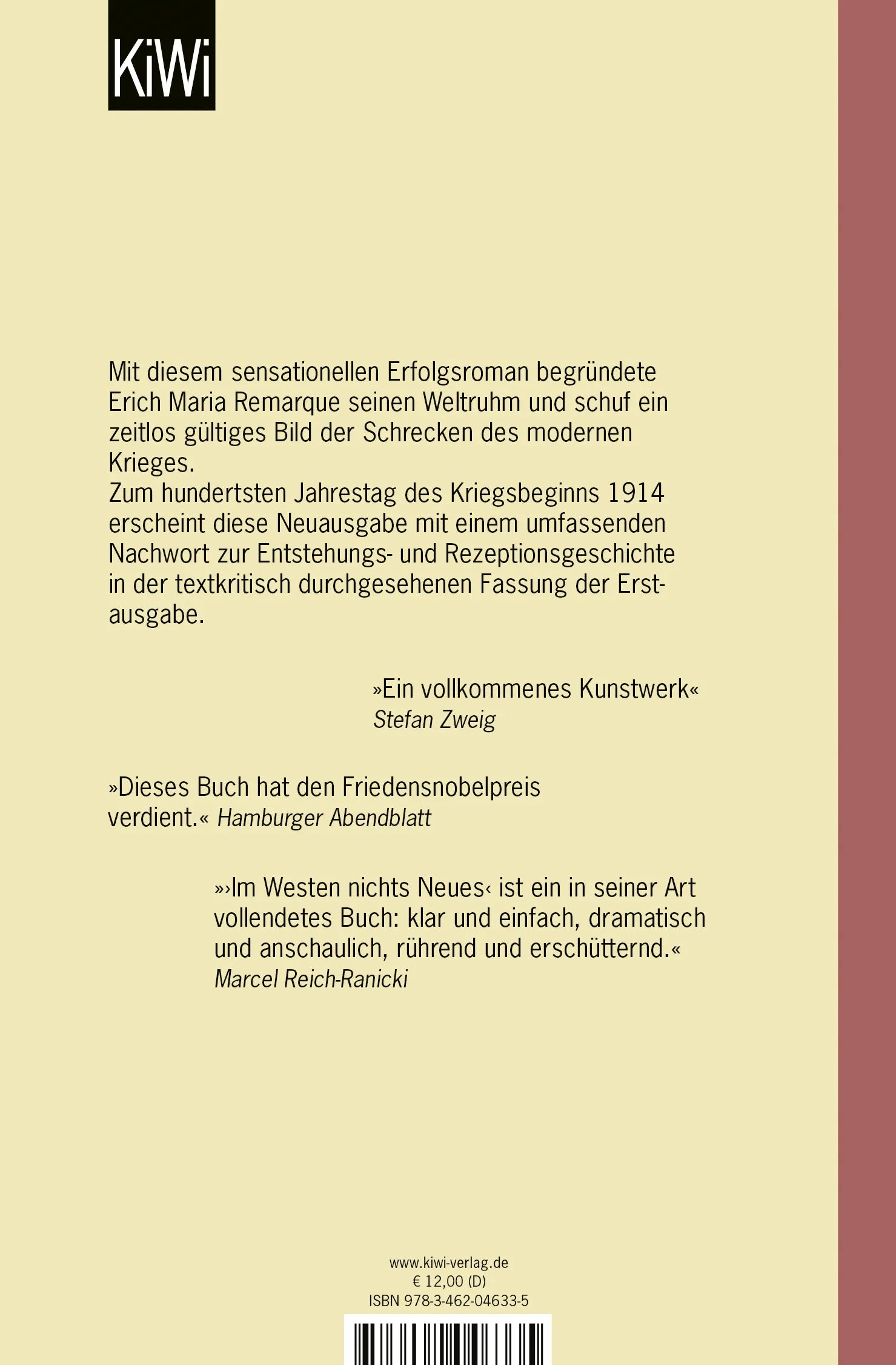 Buchrückseite von 'Im Westen nichts Neues' mit Klappentext - Taschenbuch