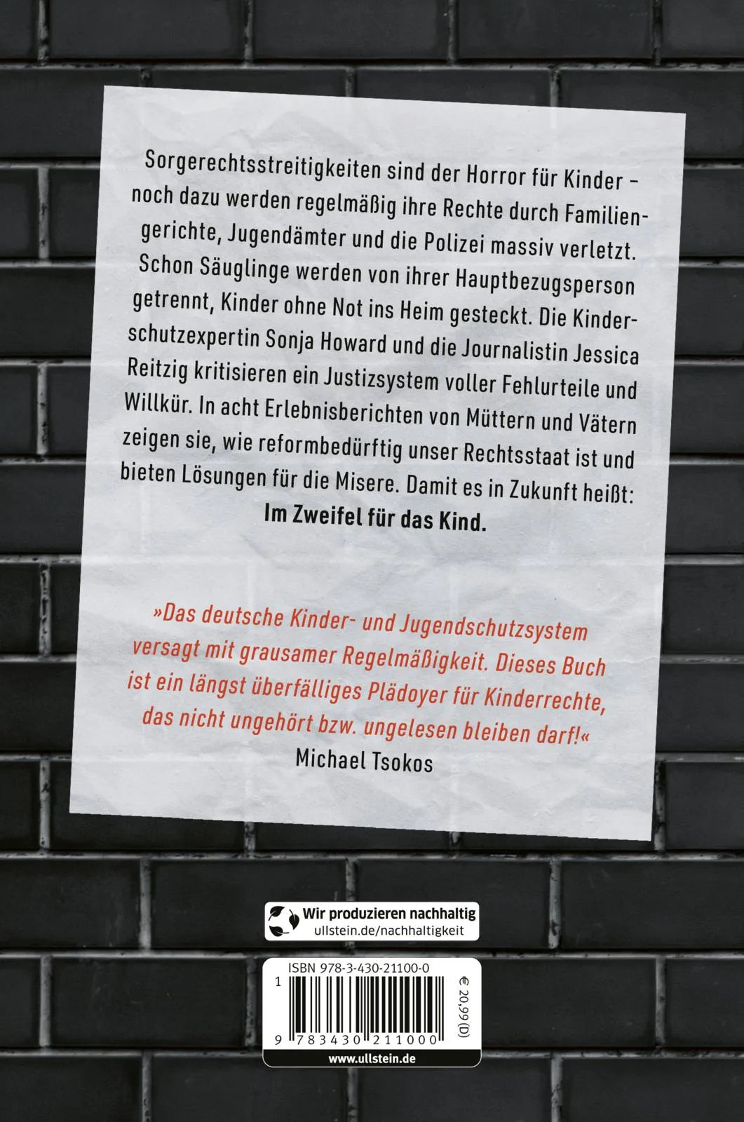 Buchrückseite von 'Im Zweifel gegen das Kind' mit Klappentext - Paperback