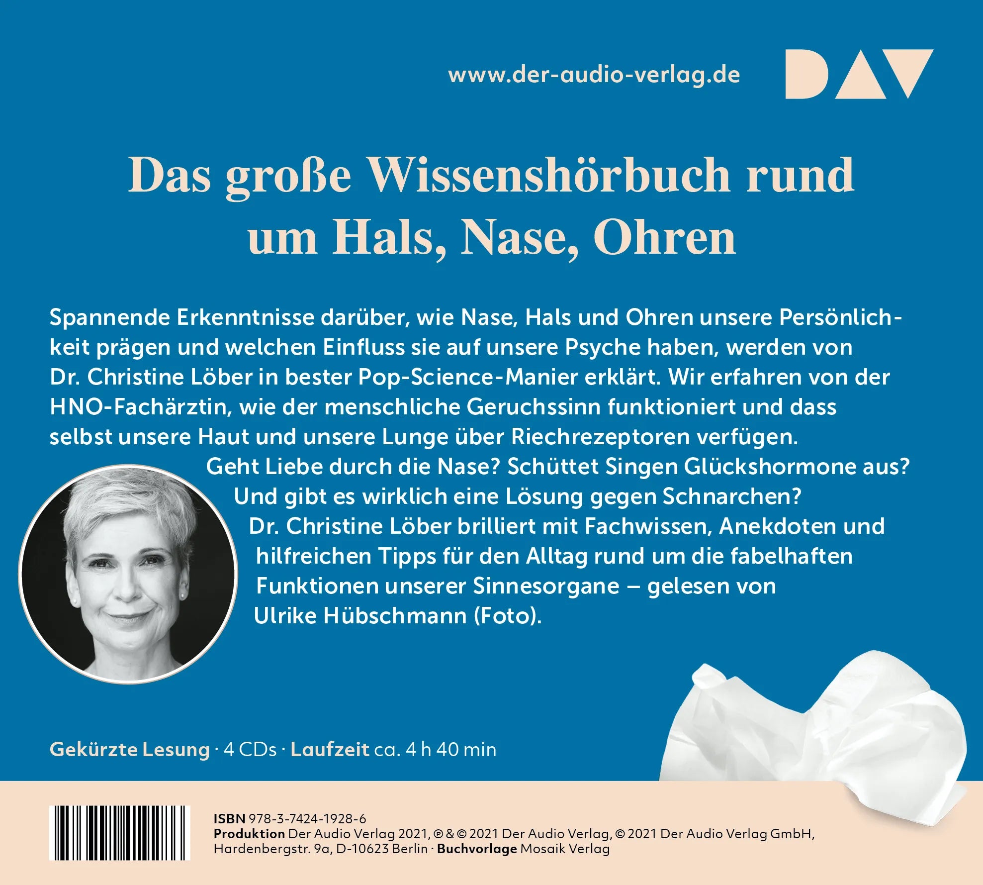 Buchrückseite von 'Immer der Nase nach. Wie Hals, Nase und Ohren uns im Leben lenken' mit Klappentext - Hörbuch (CD)