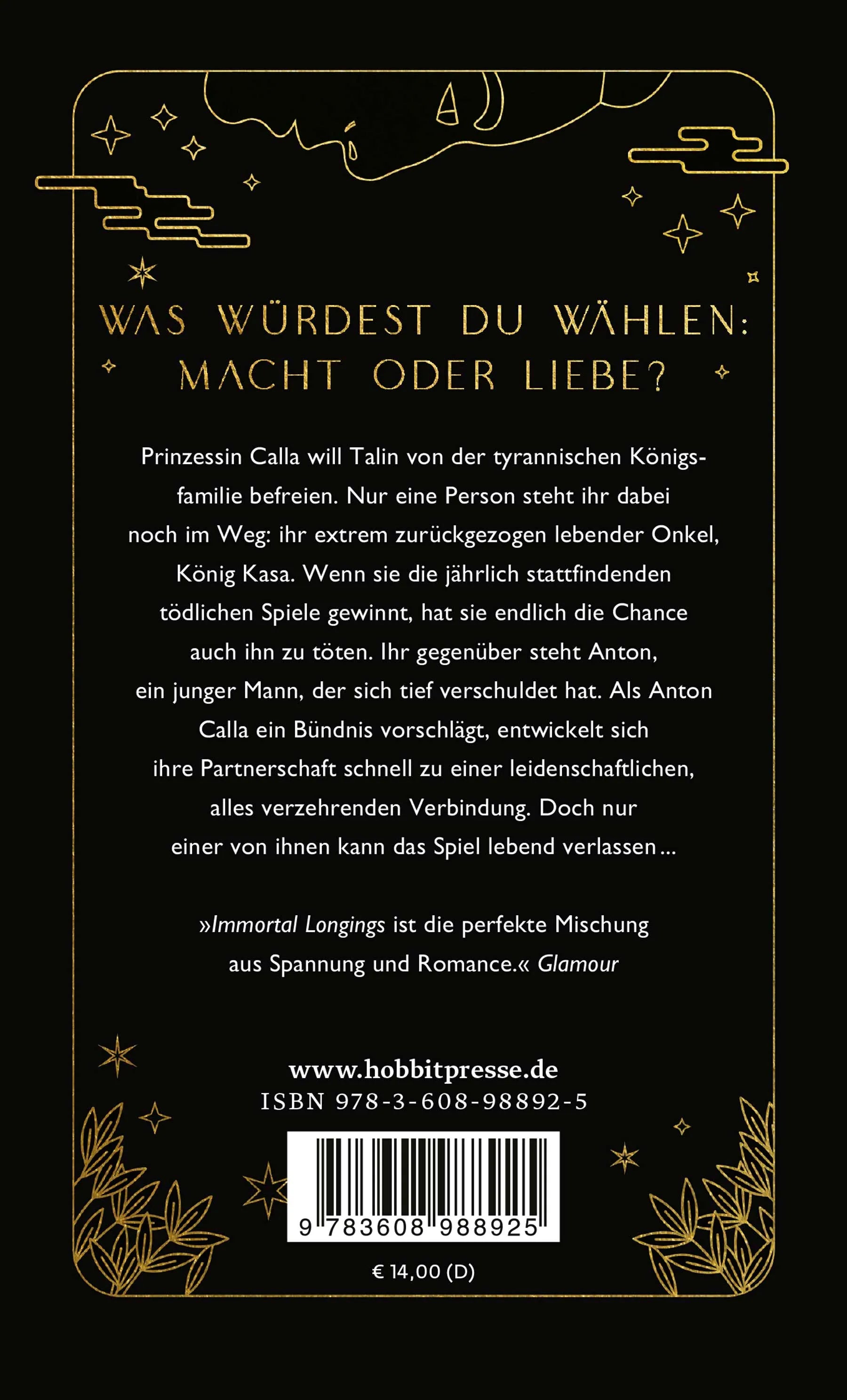 Buchrückseite von 'Immortal Longings' mit Klappentext - Taschenbuch