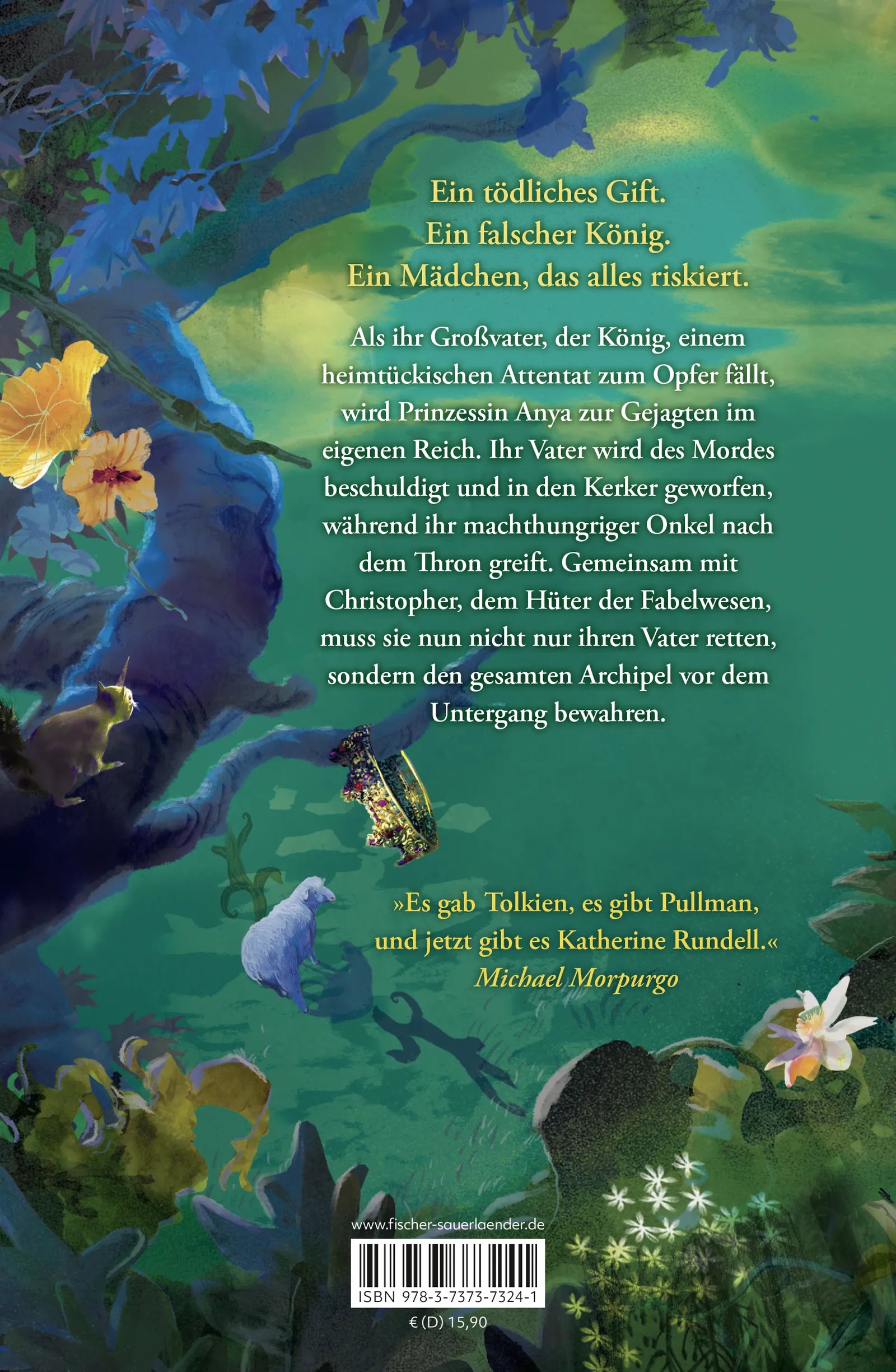 Buchrückseite von 'Impossible Creatures – Der vergiftete König' mit Klappentext - Gebundene Ausgabe